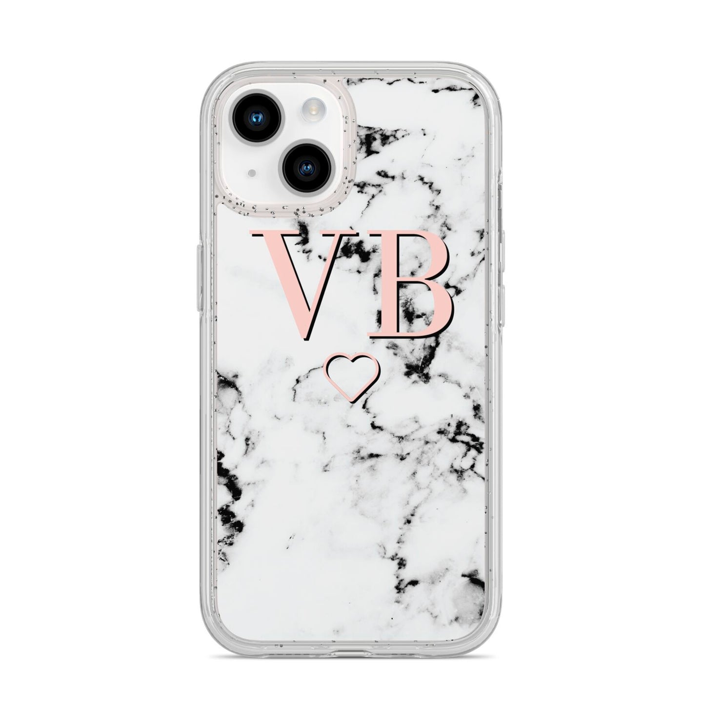 Personalised Coral Initials Heart Marble iPhone 14 Glitter Tough Case Starlight