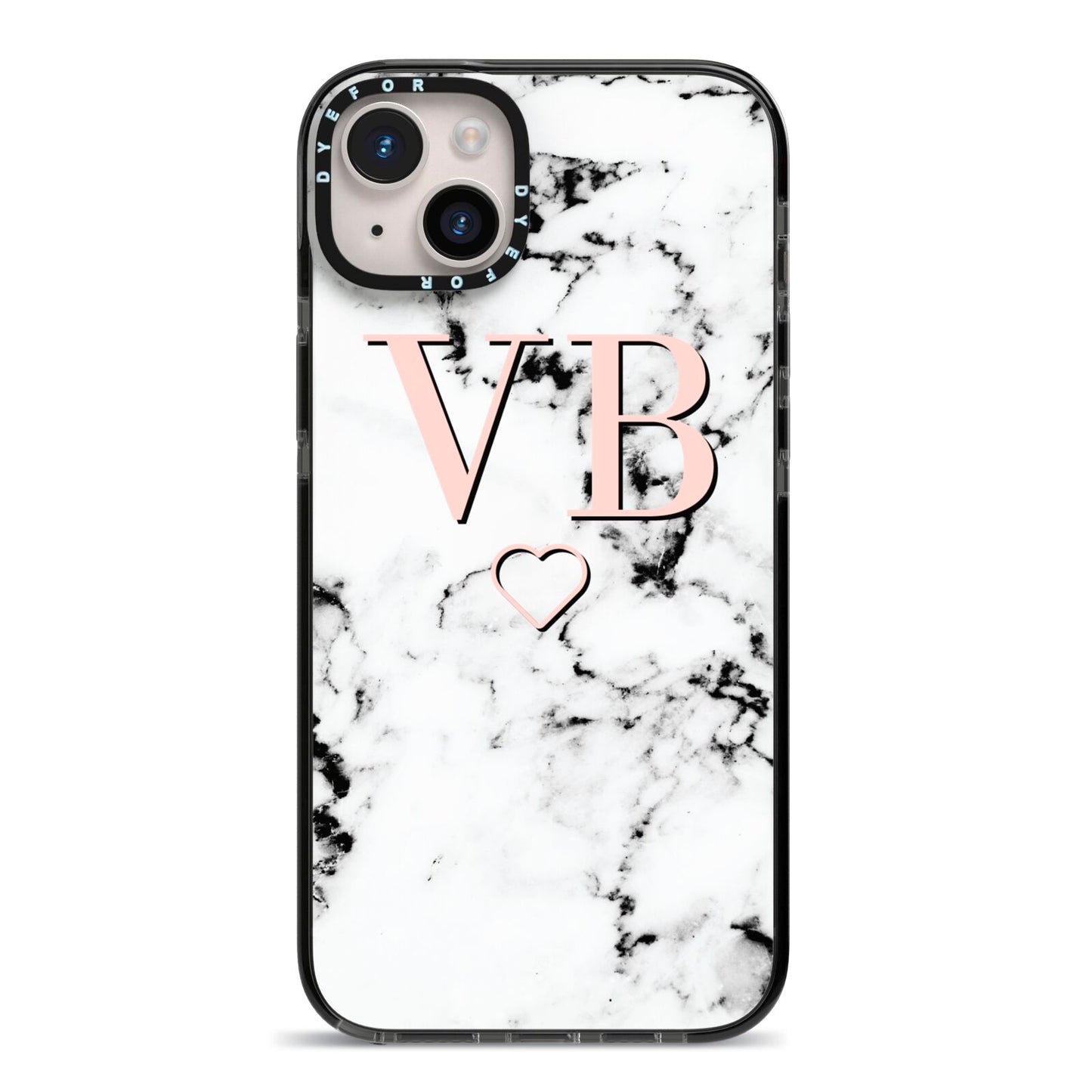 Personalised Coral Initials Heart Marble iPhone 14 Plus Black Impact Case on Silver phone