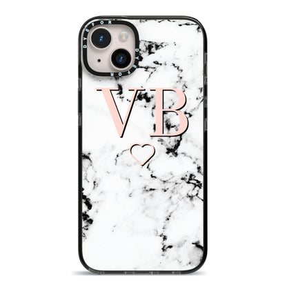 Personalised Coral Initials Heart Marble iPhone 14 Plus Black Impact Case on Silver phone