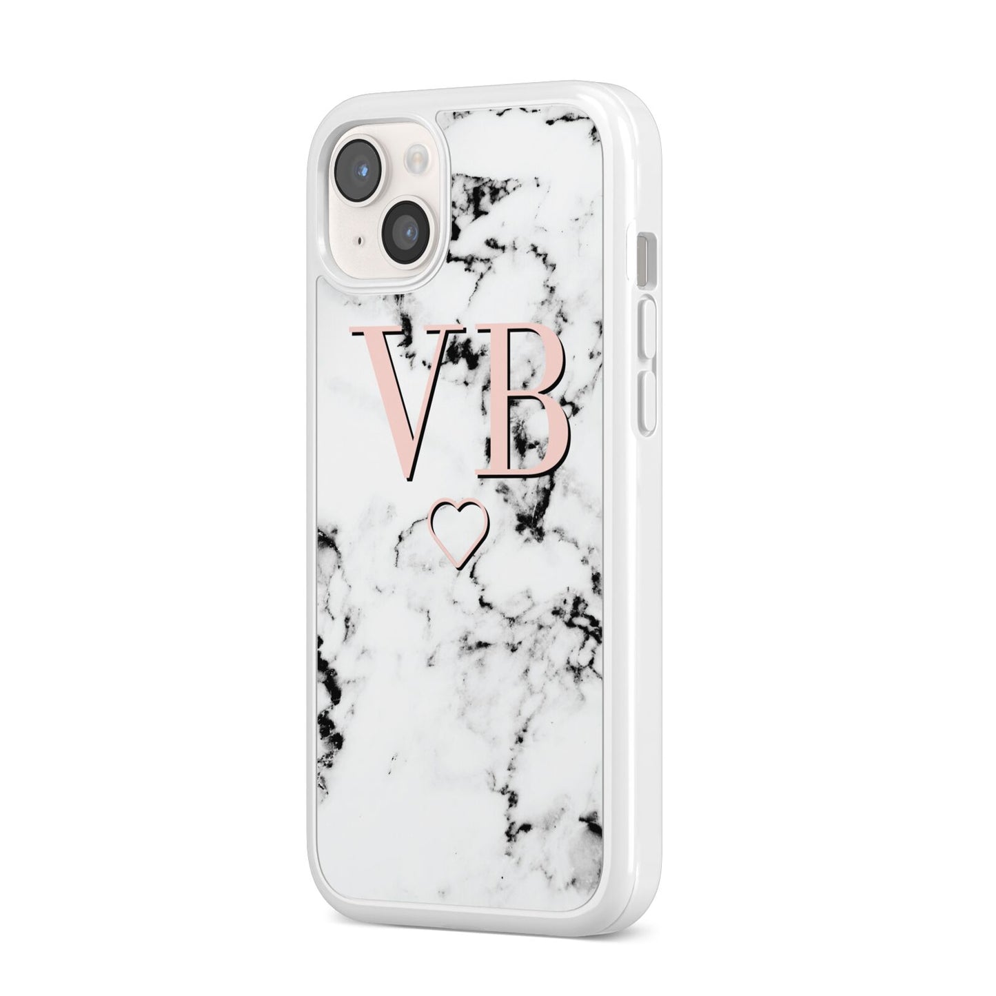 Personalised Coral Initials Heart Marble iPhone 14 Plus Clear Tough Case Starlight Angled Image