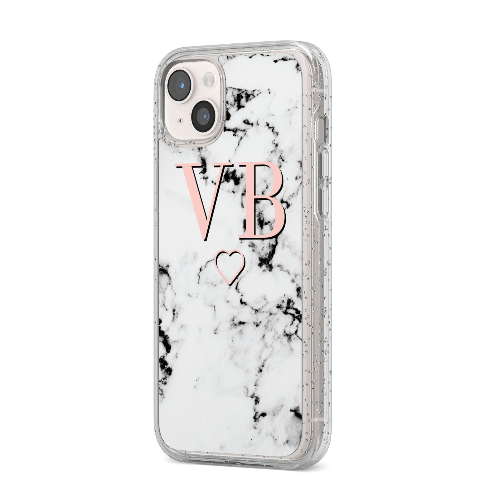 Personalised Coral Initials Heart Marble iPhone 14 Plus Glitter Tough Case Starlight Angled Image