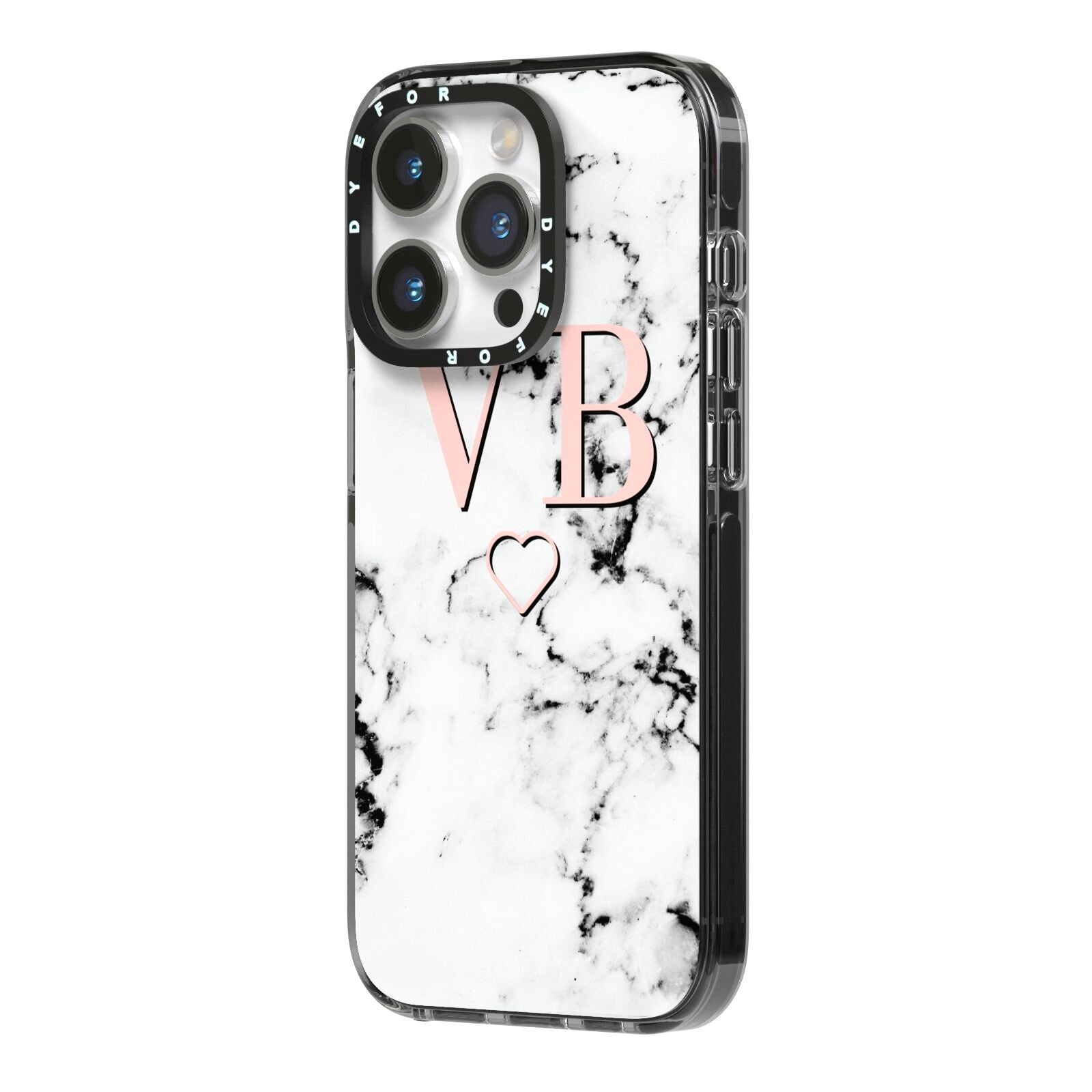 Personalised Coral Initials Heart Marble iPhone 14 Pro Black Impact Case Side Angle on Silver phone