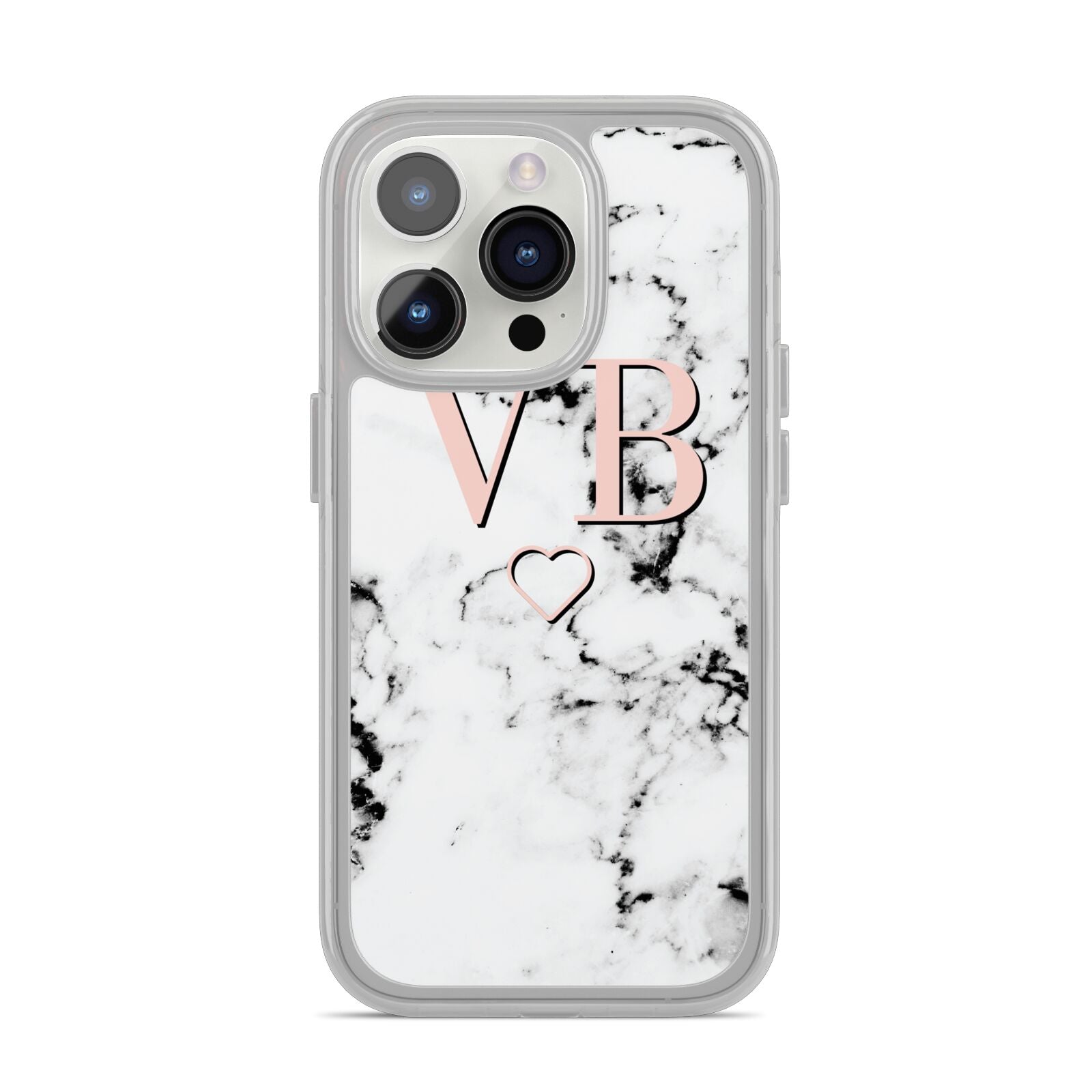 Personalised Coral Initials Heart Marble iPhone 14 Pro Clear Tough Case Silver