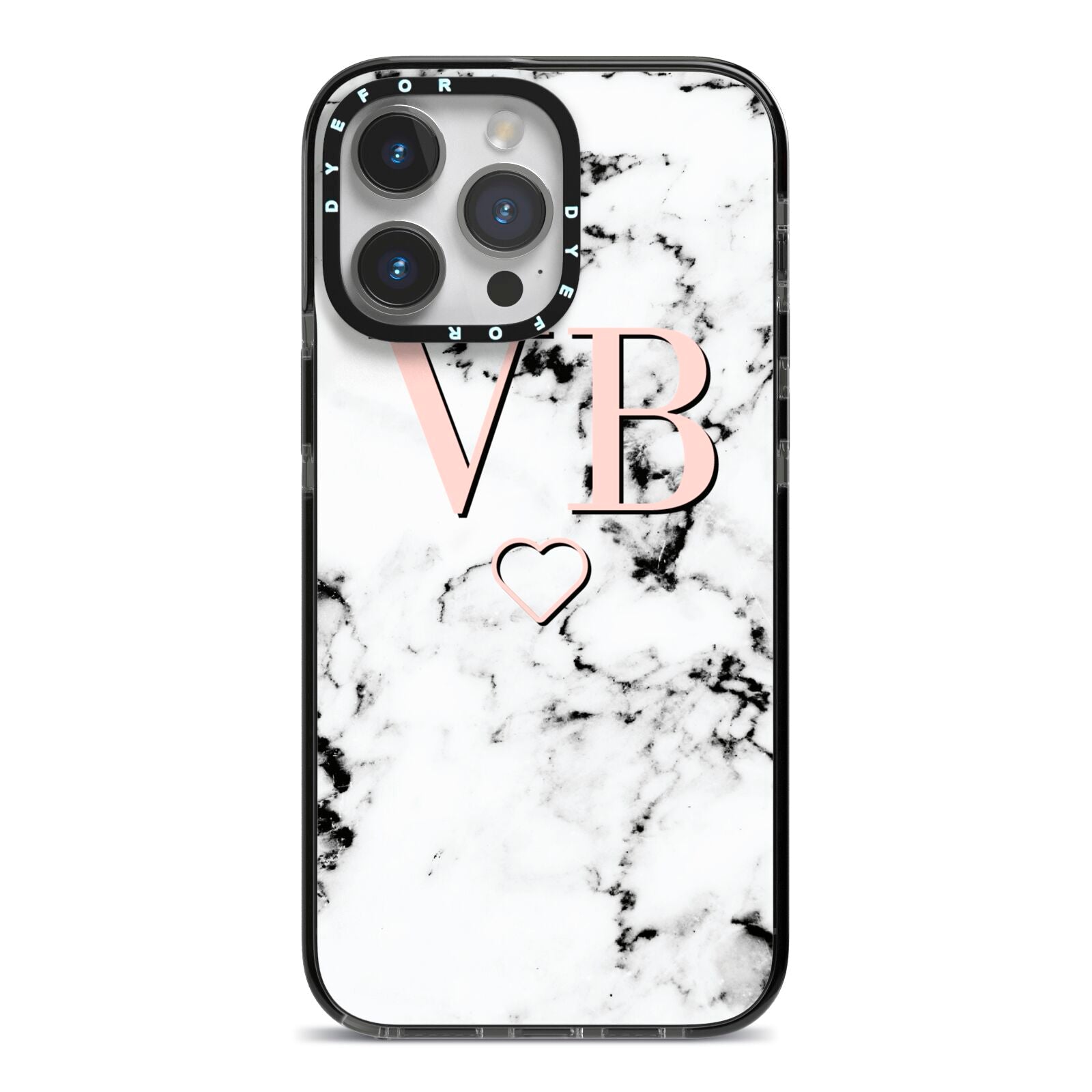 Personalised Coral Initials Heart Marble iPhone 14 Pro Max Black Impact Case on Silver phone