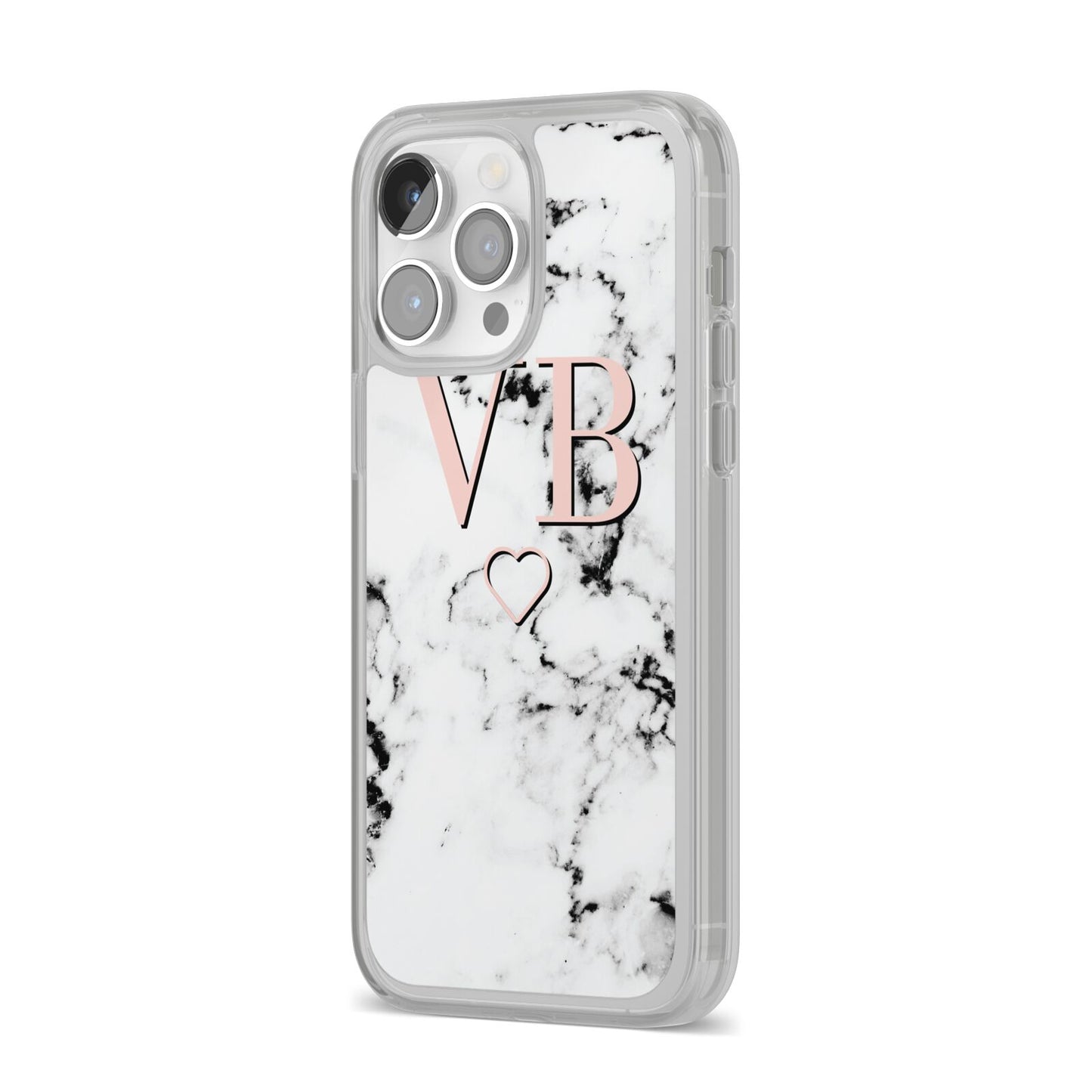 Personalised Coral Initials Heart Marble iPhone 14 Pro Max Clear Tough Case Silver Angled Image