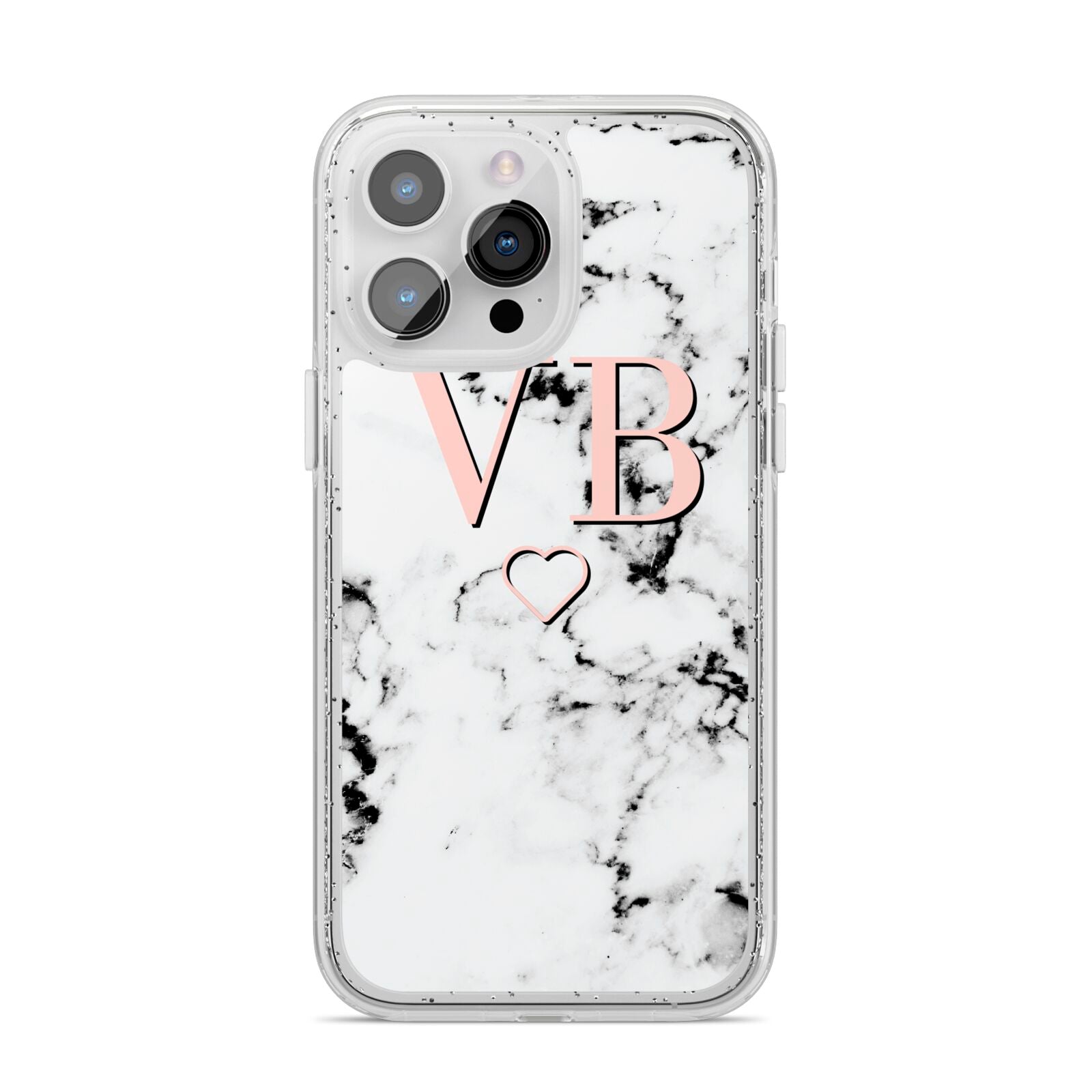 Personalised Coral Initials Heart Marble iPhone 14 Pro Max Glitter Tough Case Silver
