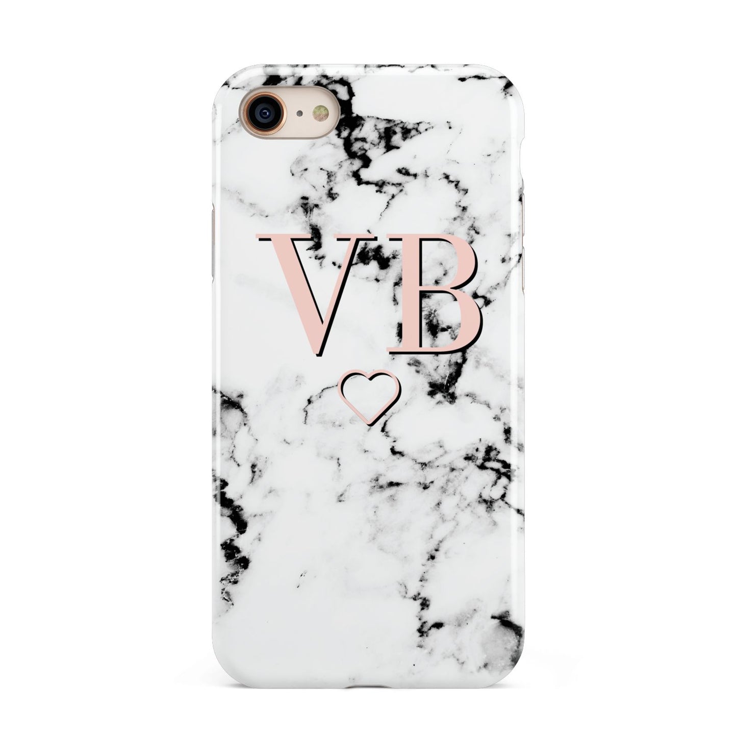 Personalised Coral Initials Heart Marble iPhone 8 3D Tough Case on Gold Phone