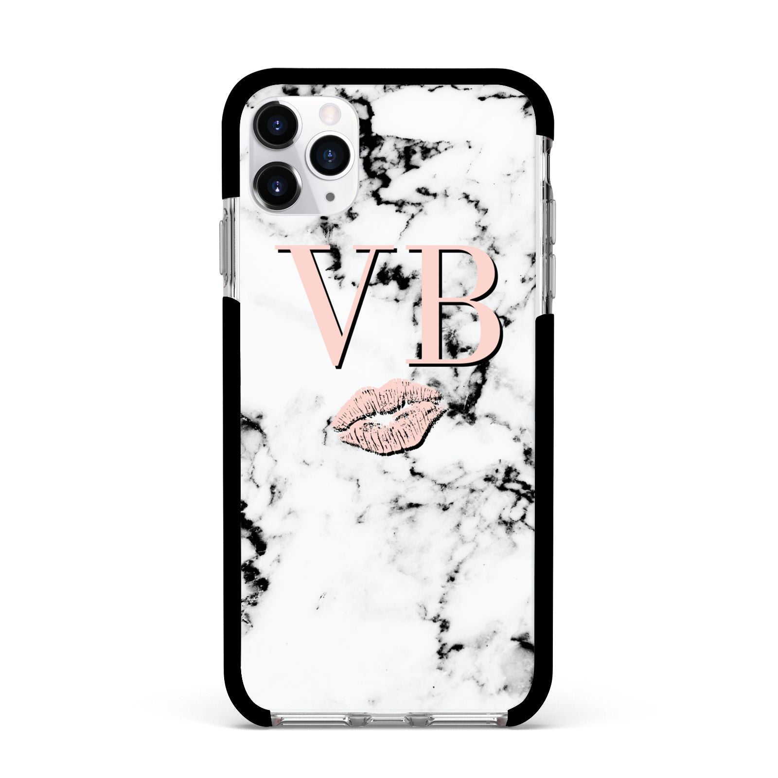 Personalised Coral Initials Lips Marble Apple iPhone 11 Pro Max in Silver with Black Impact Case