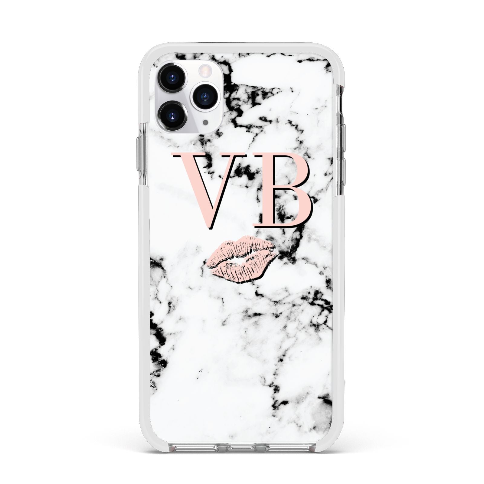 Personalised Coral Initials Lips Marble Apple iPhone 11 Pro Max in Silver with White Impact Case