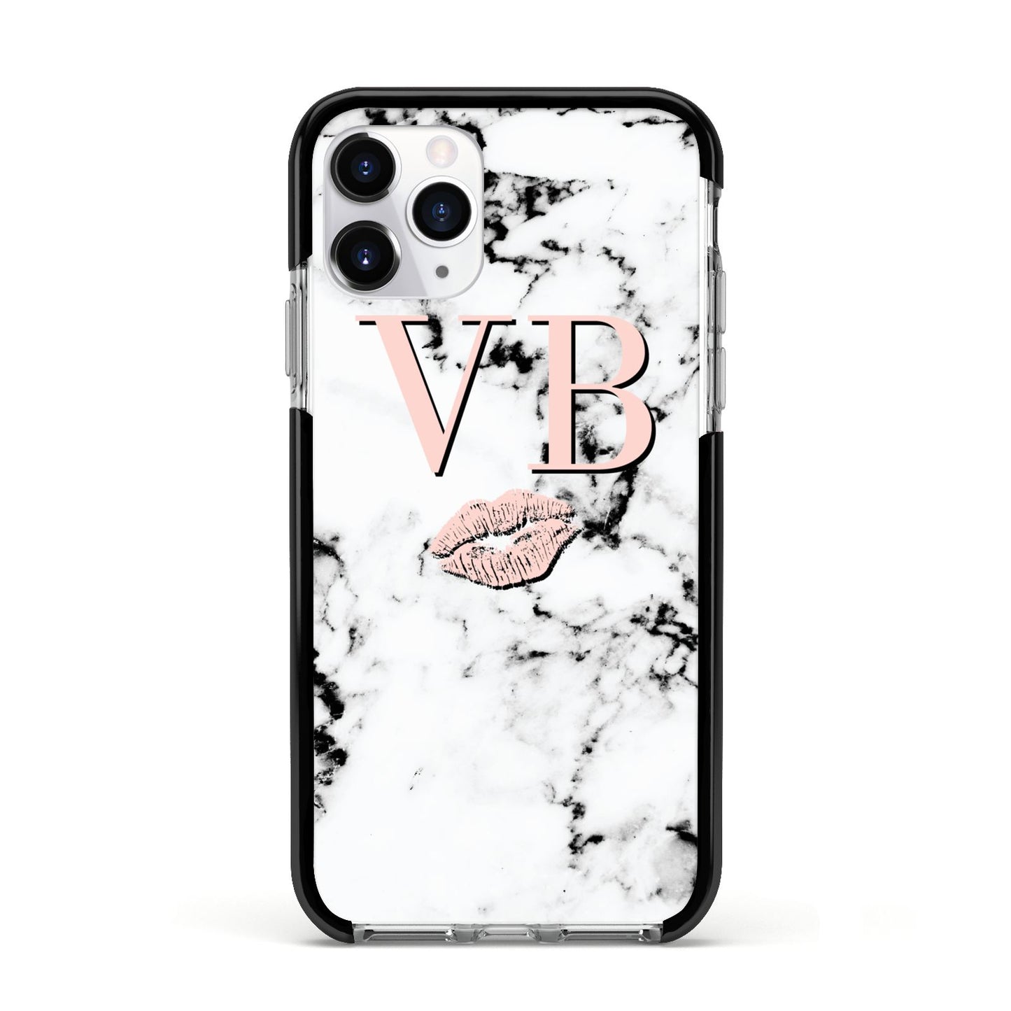 Personalised Coral Initials Lips Marble Apple iPhone 11 Pro in Silver with Black Impact Case