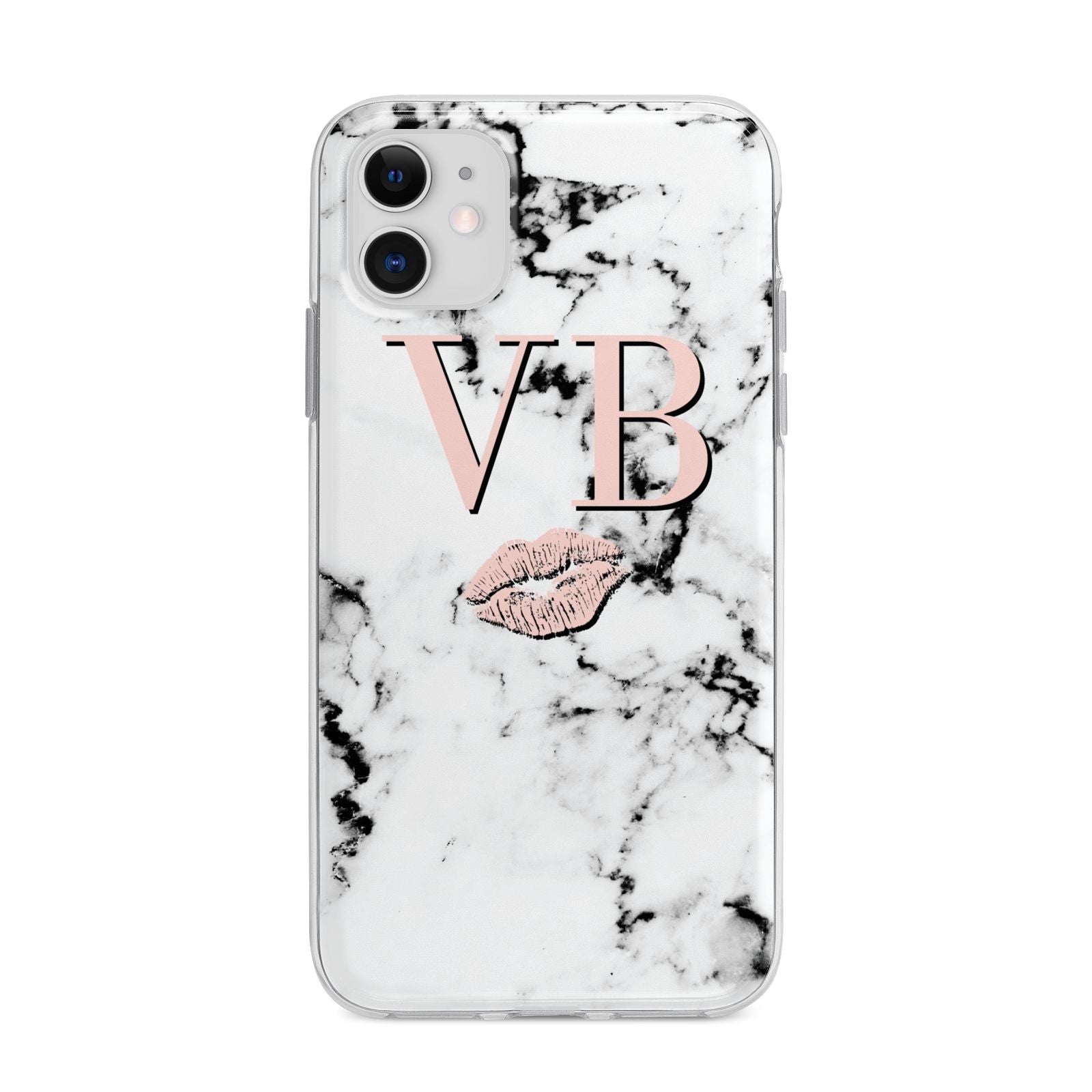 Personalised Coral Initials Lips Marble Apple iPhone 11 in White with Bumper Case