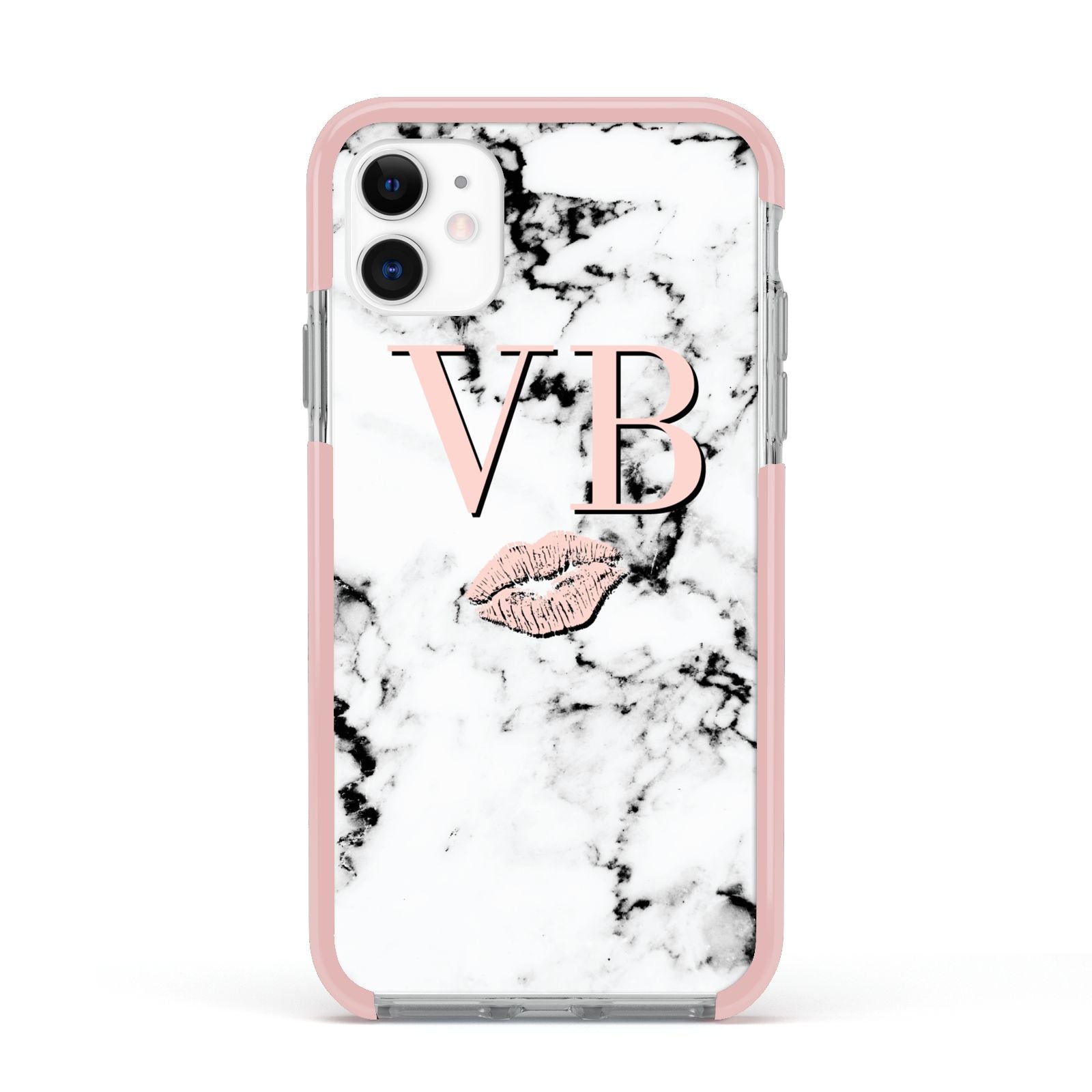 Personalised Coral Initials Lips Marble Apple iPhone 11 in White with Pink Impact Case