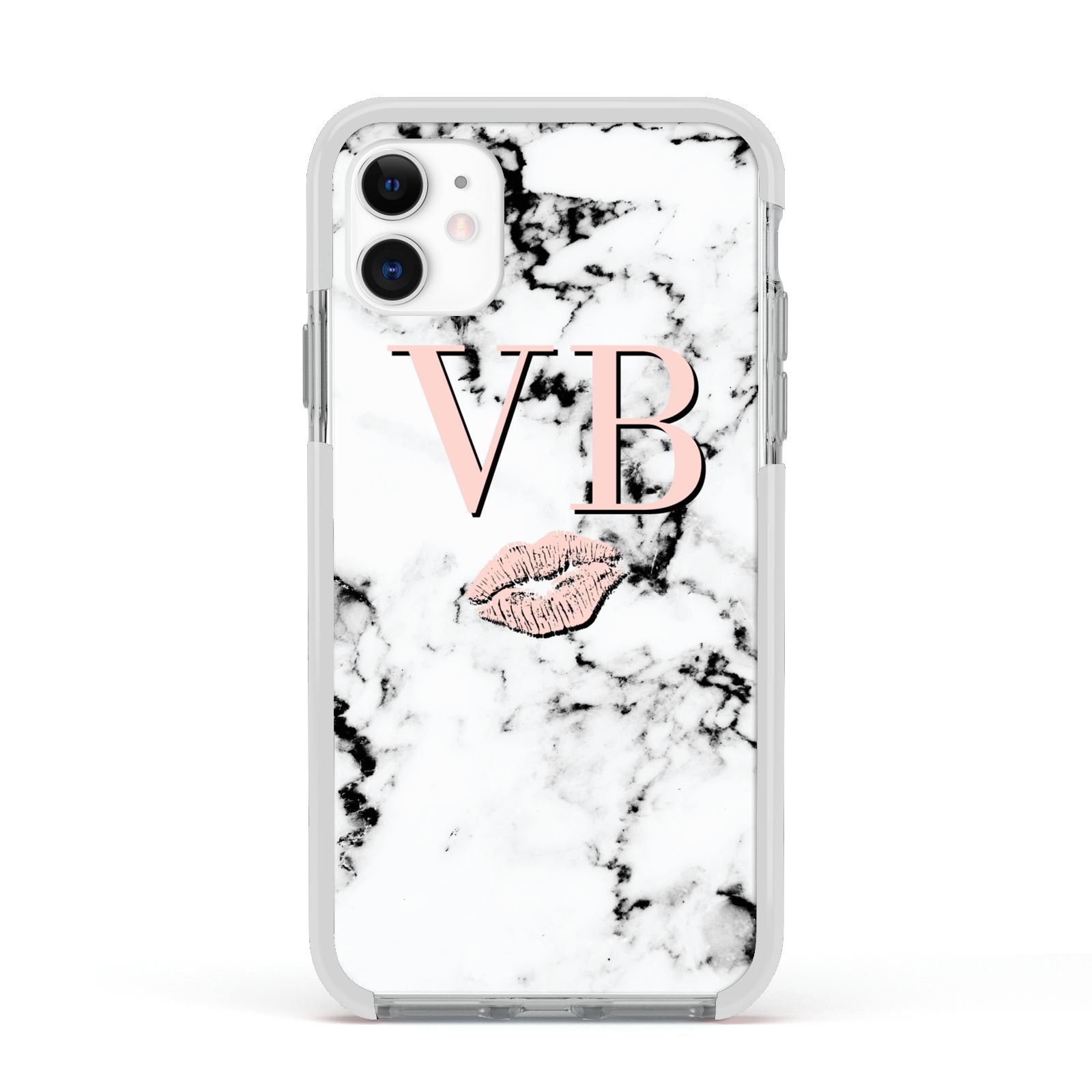Personalised Coral Initials Lips Marble Apple iPhone 11 in White with White Impact Case