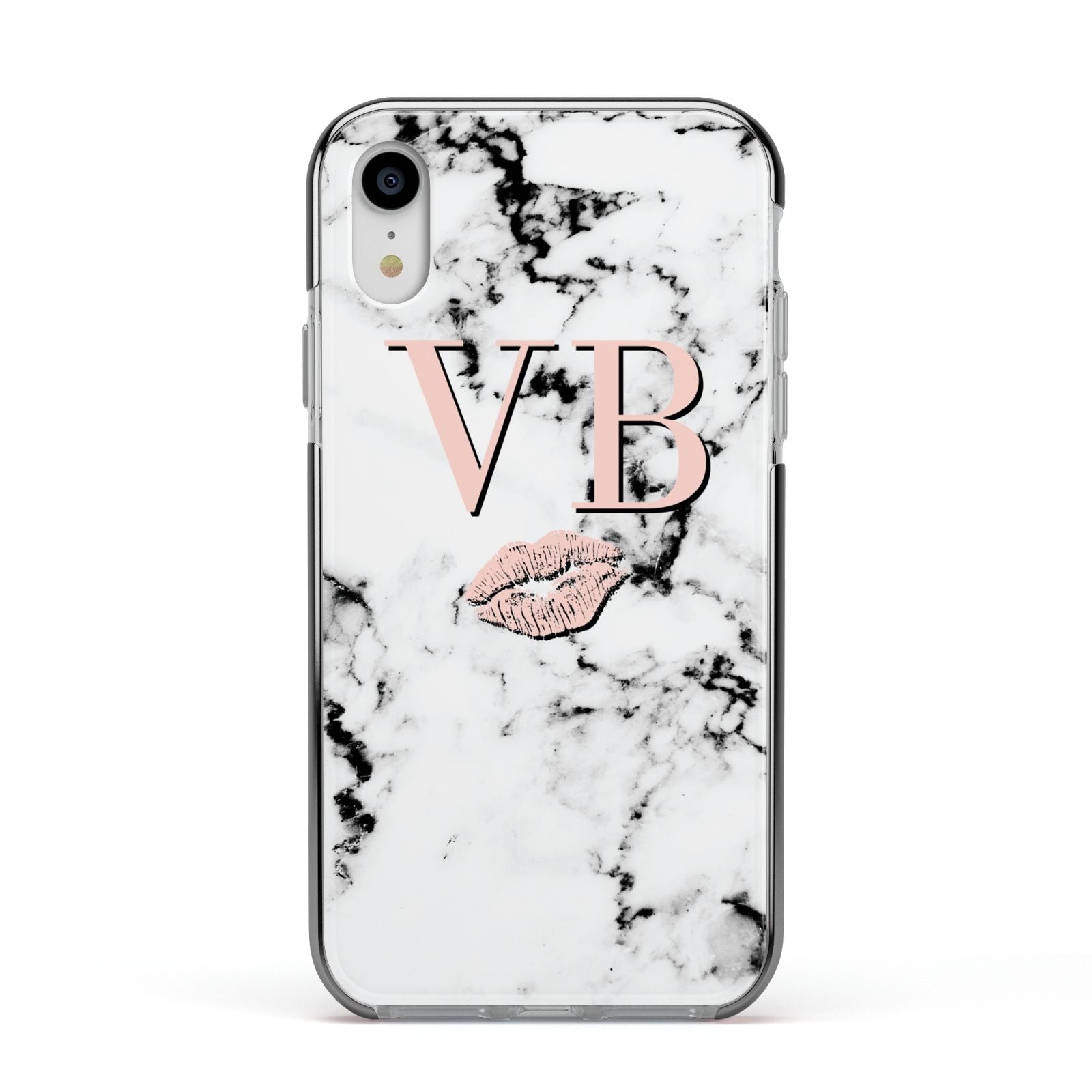Personalised Coral Initials Lips Marble Apple iPhone XR Impact Case Black Edge on Silver Phone