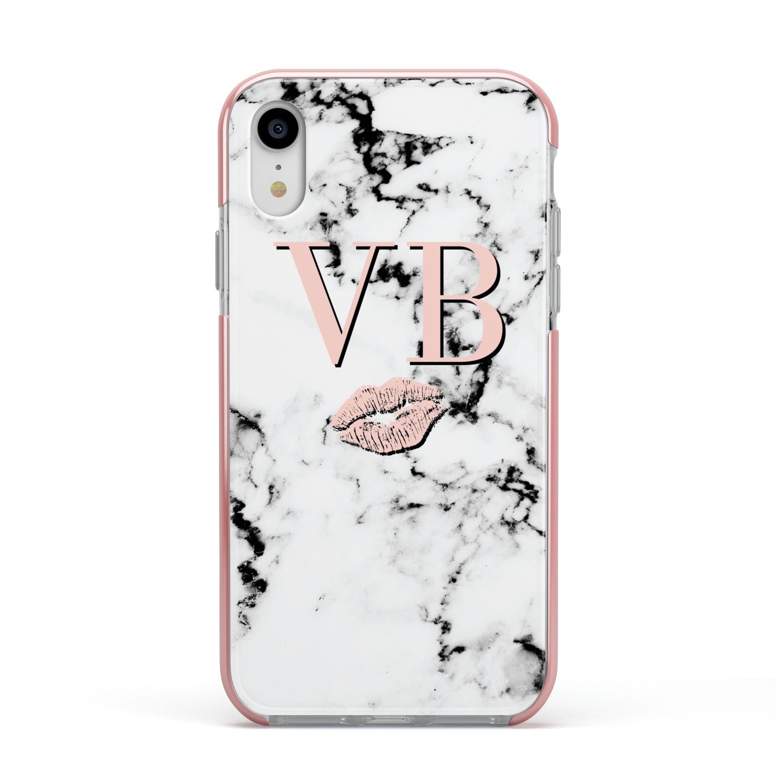 Personalised Coral Initials Lips Marble Apple iPhone XR Impact Case Pink Edge on Silver Phone