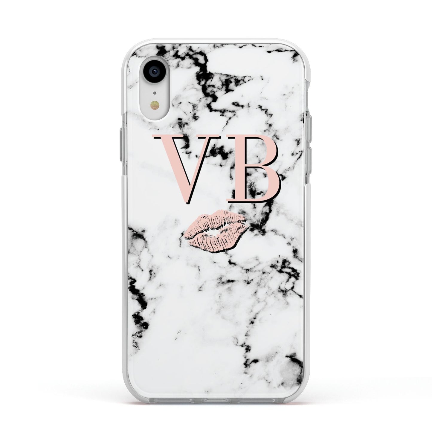 Personalised Coral Initials Lips Marble Apple iPhone XR Impact Case White Edge on Silver Phone