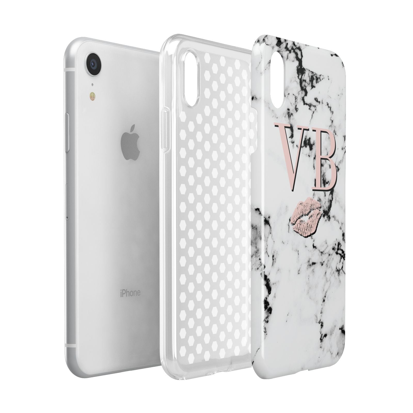 Personalised Coral Initials Lips Marble Apple iPhone XR White 3D Tough Case Expanded view