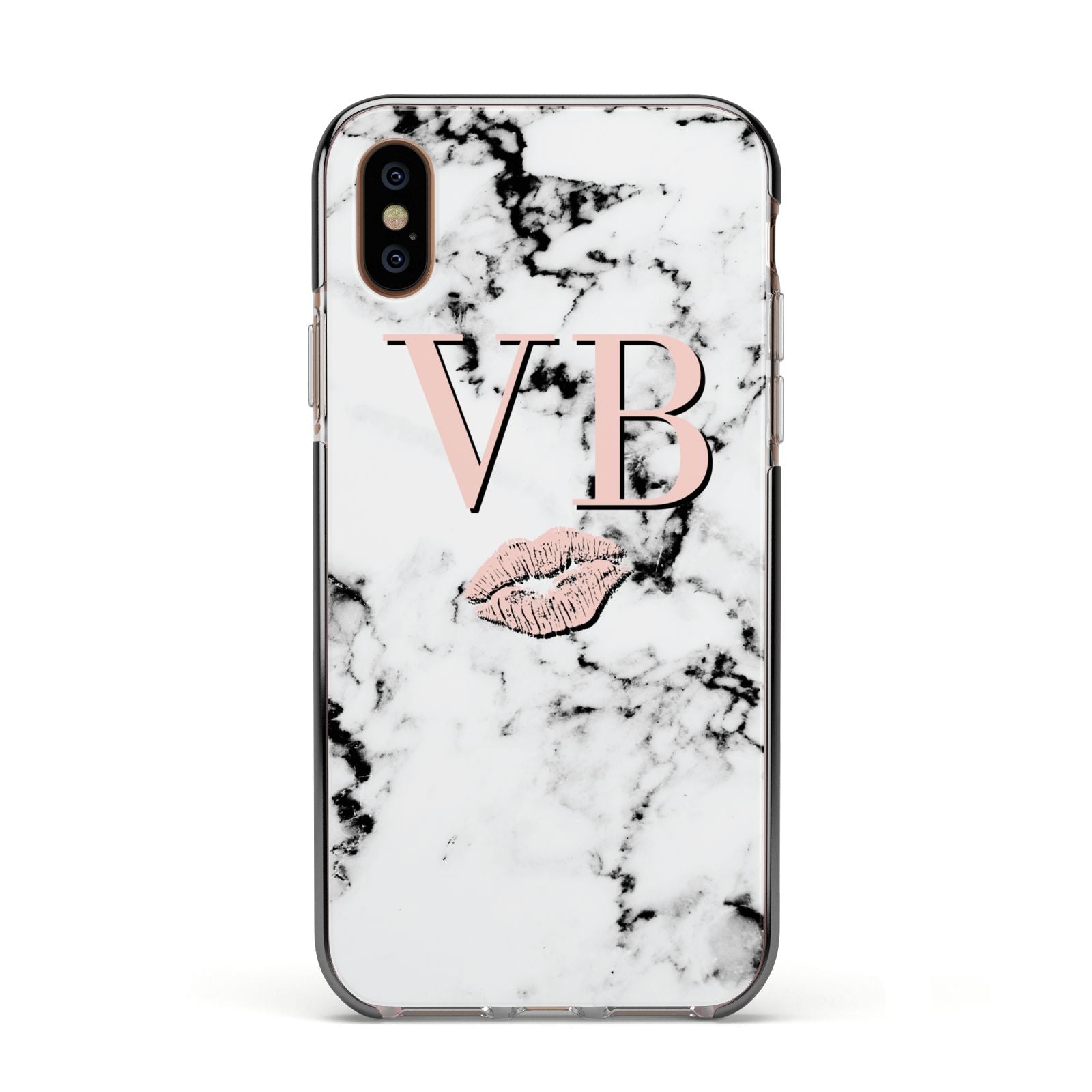 Personalised Coral Initials Lips Marble Apple iPhone Xs Impact Case Black Edge on Gold Phone