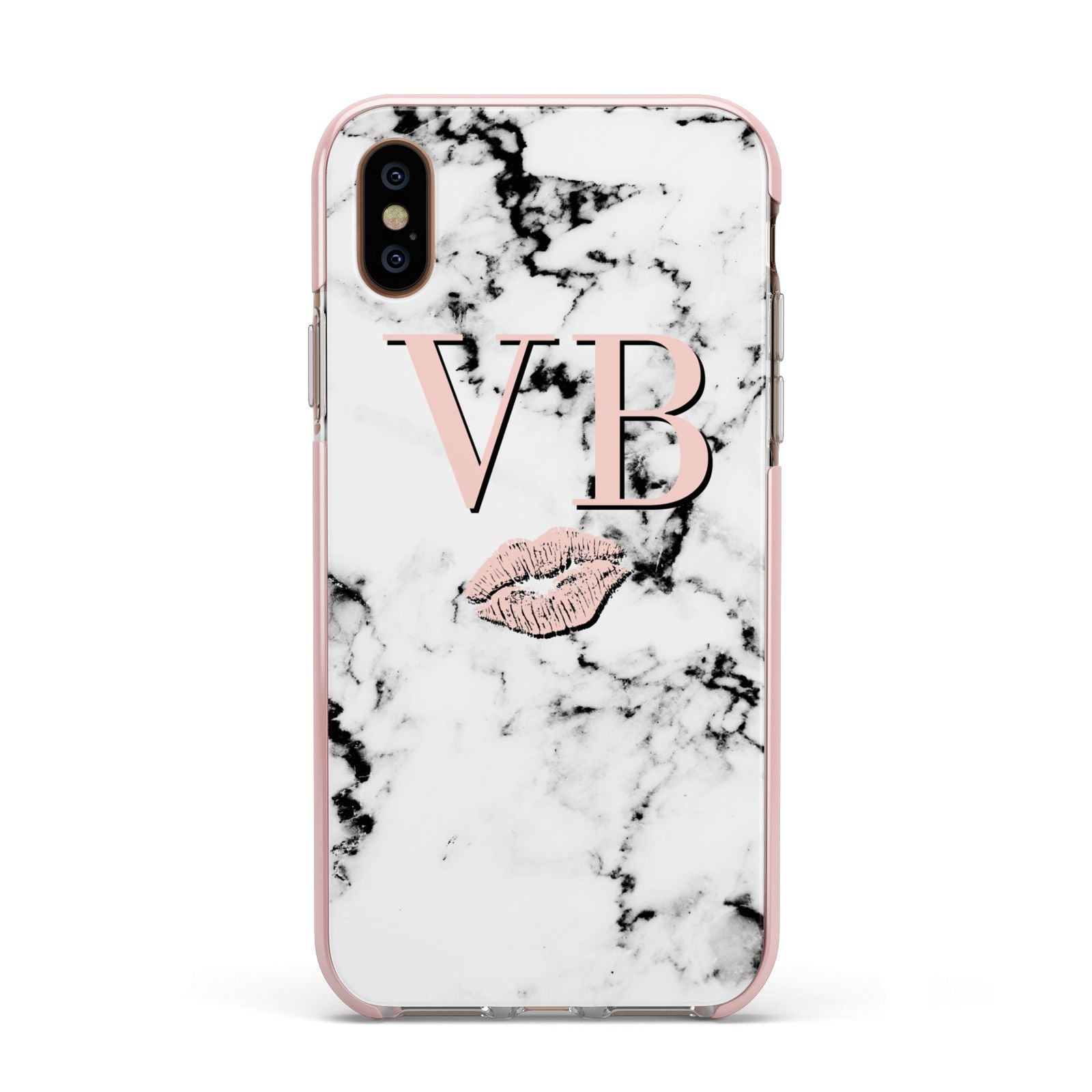Personalised Coral Initials Lips Marble Apple iPhone Xs Impact Case Pink Edge on Gold Phone