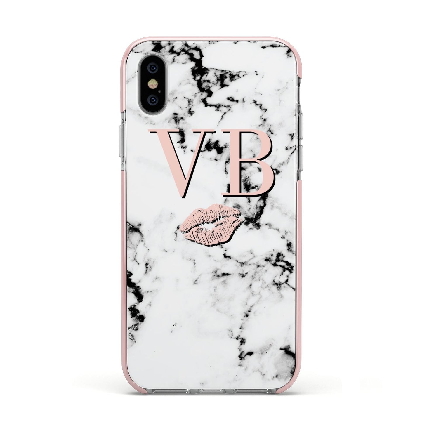 Personalised Coral Initials Lips Marble Apple iPhone Xs Impact Case Pink Edge on Silver Phone