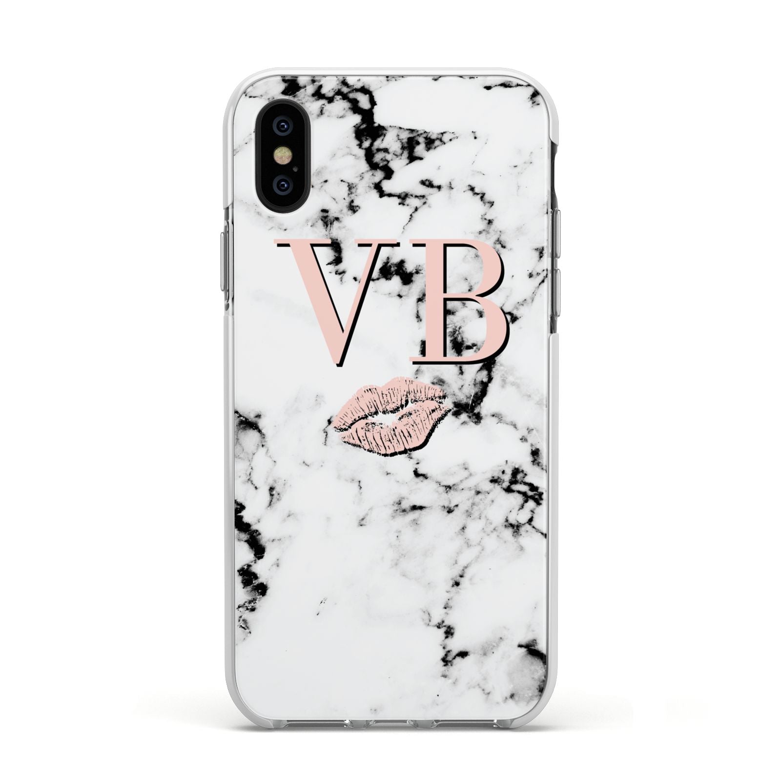 Personalised Coral Initials Lips Marble Apple iPhone Xs Impact Case White Edge on Black Phone