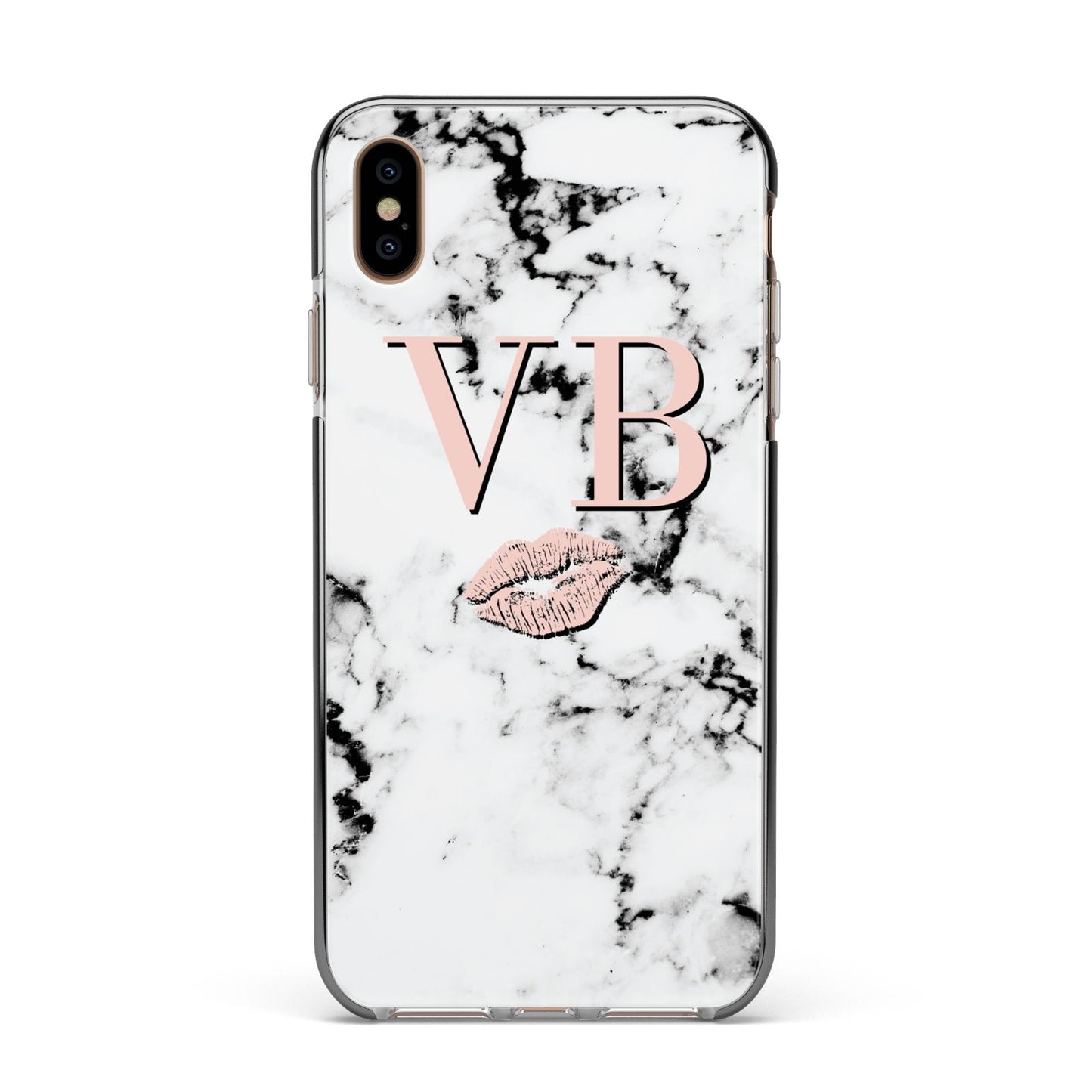 Personalised Coral Initials Lips Marble Apple iPhone Xs Max Impact Case Black Edge on Gold Phone