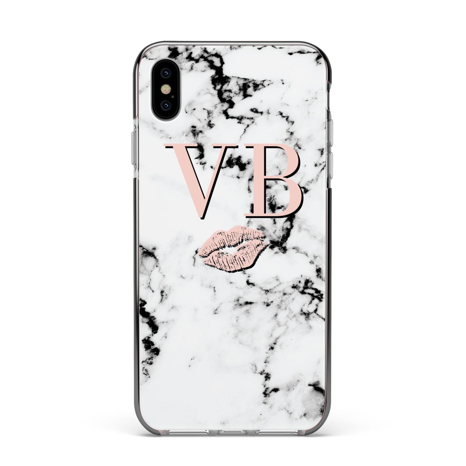 Personalised Coral Initials Lips Marble Apple iPhone Xs Max Impact Case Black Edge on Silver Phone