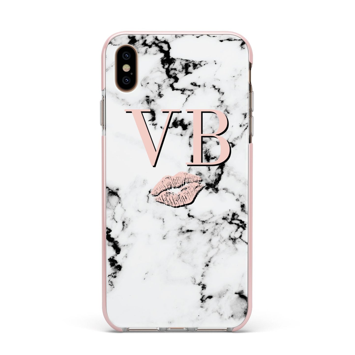 Personalised Coral Initials Lips Marble Apple iPhone Xs Max Impact Case Pink Edge on Gold Phone