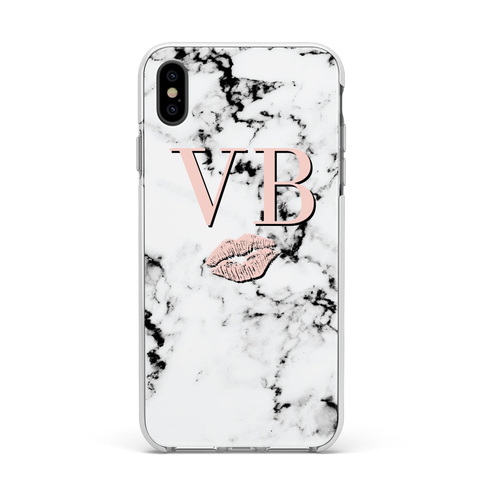 Personalised Coral Initials Lips Marble Apple iPhone Xs Max Impact Case White Edge on Black Phone