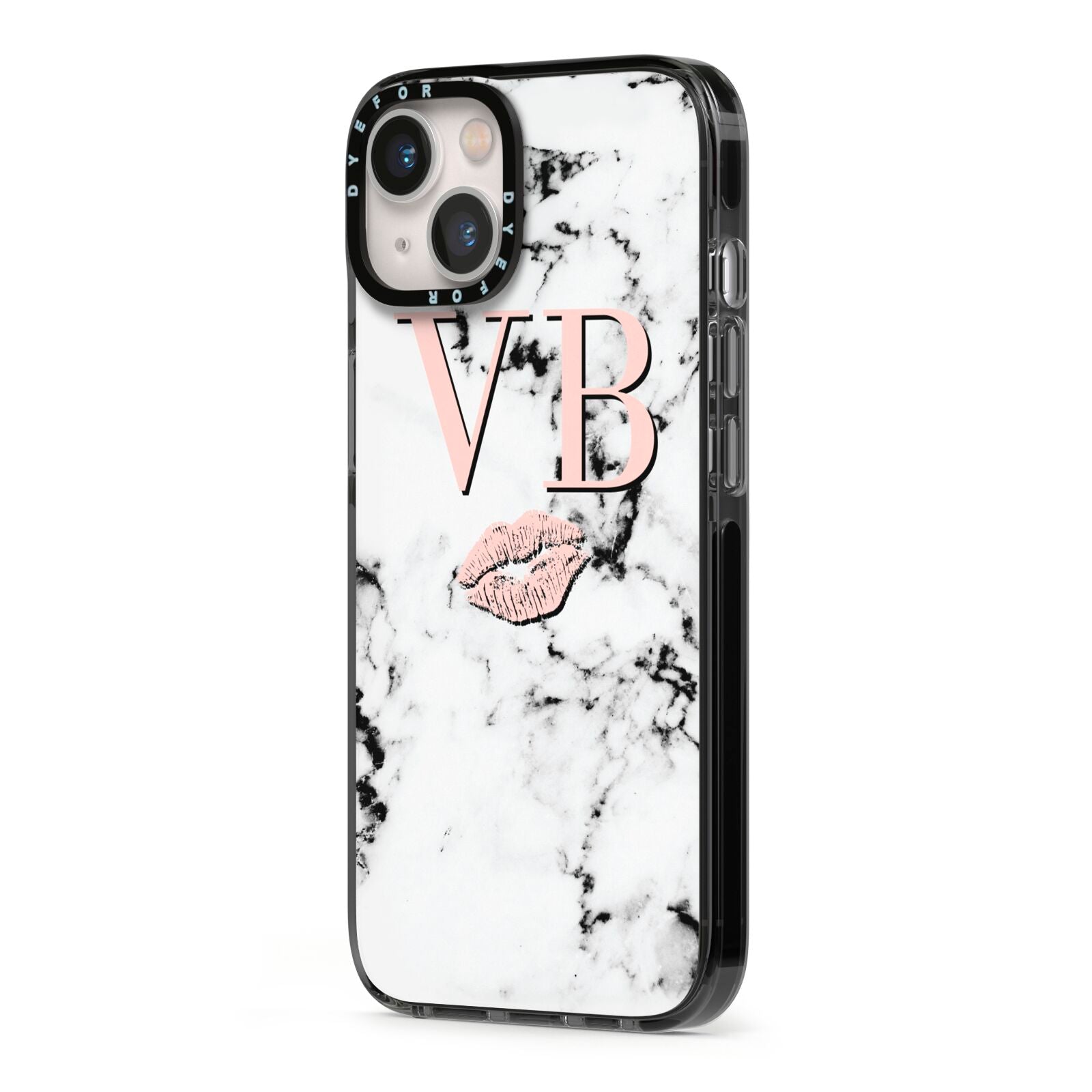 Personalised Coral Initials Lips Marble iPhone 13 Black Impact Case Side Angle on Silver phone