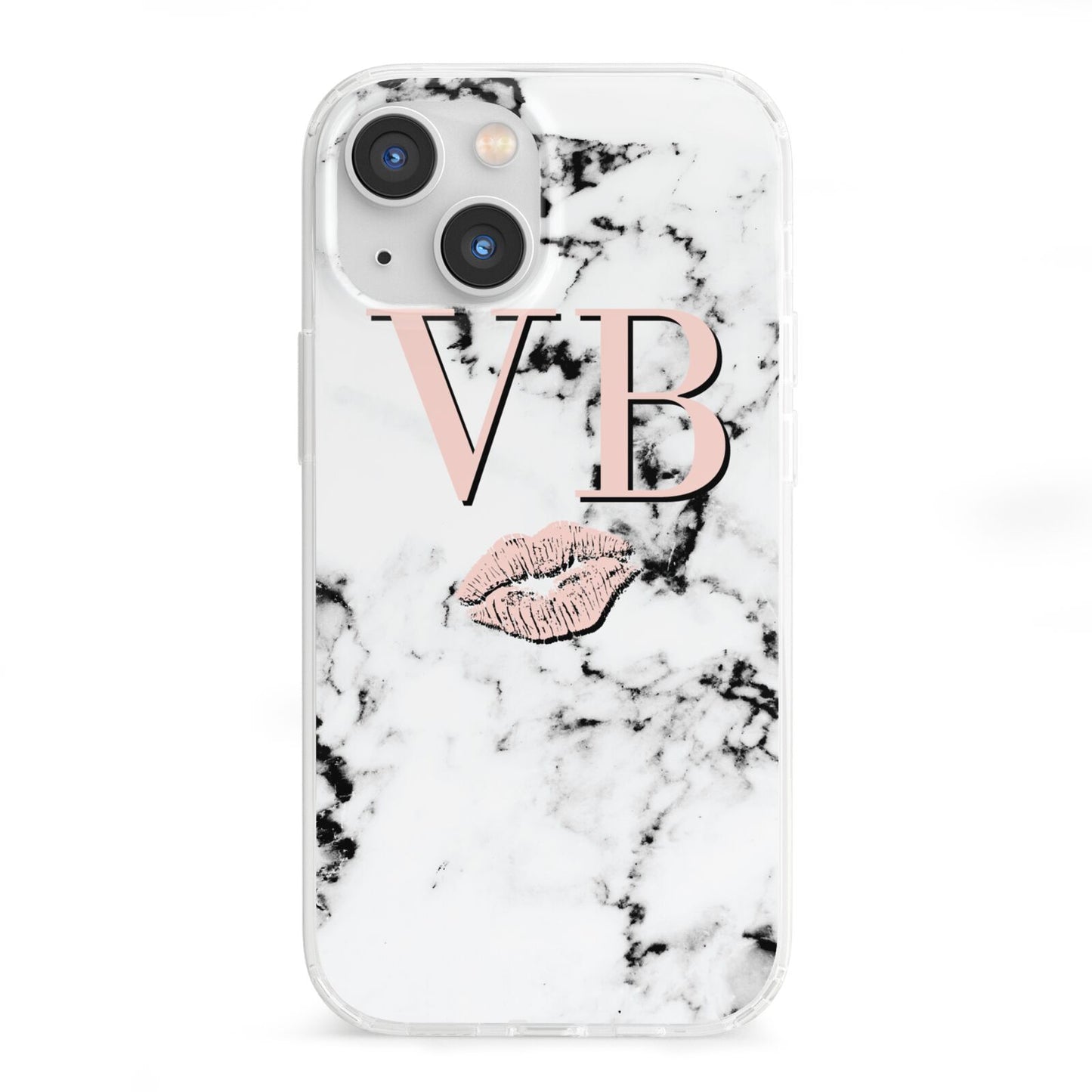 Personalised Coral Initials Lips Marble iPhone 13 Mini Clear Bumper Case