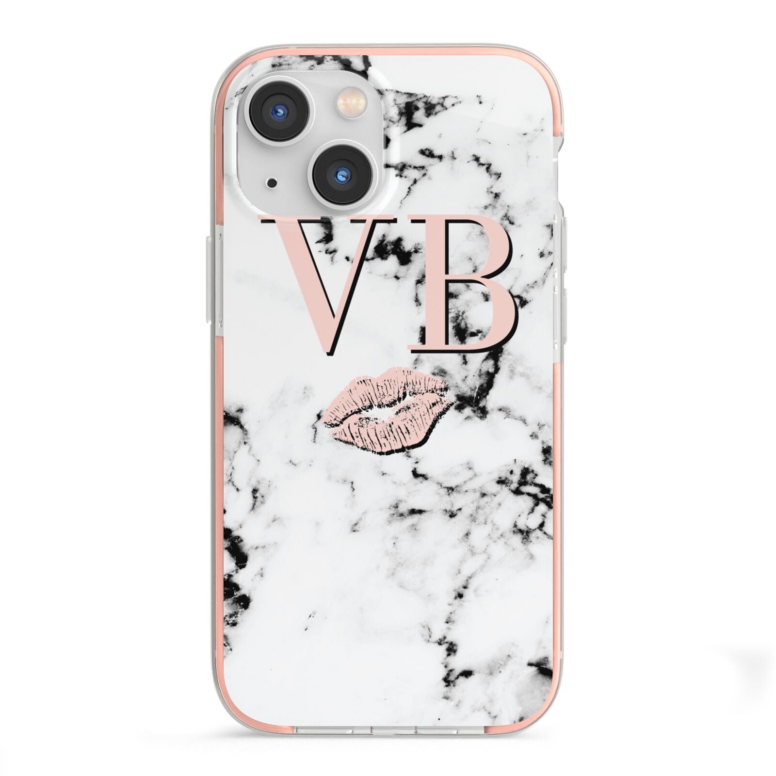 Personalised Coral Initials Lips Marble iPhone 13 Mini TPU Impact Case with Pink Edges