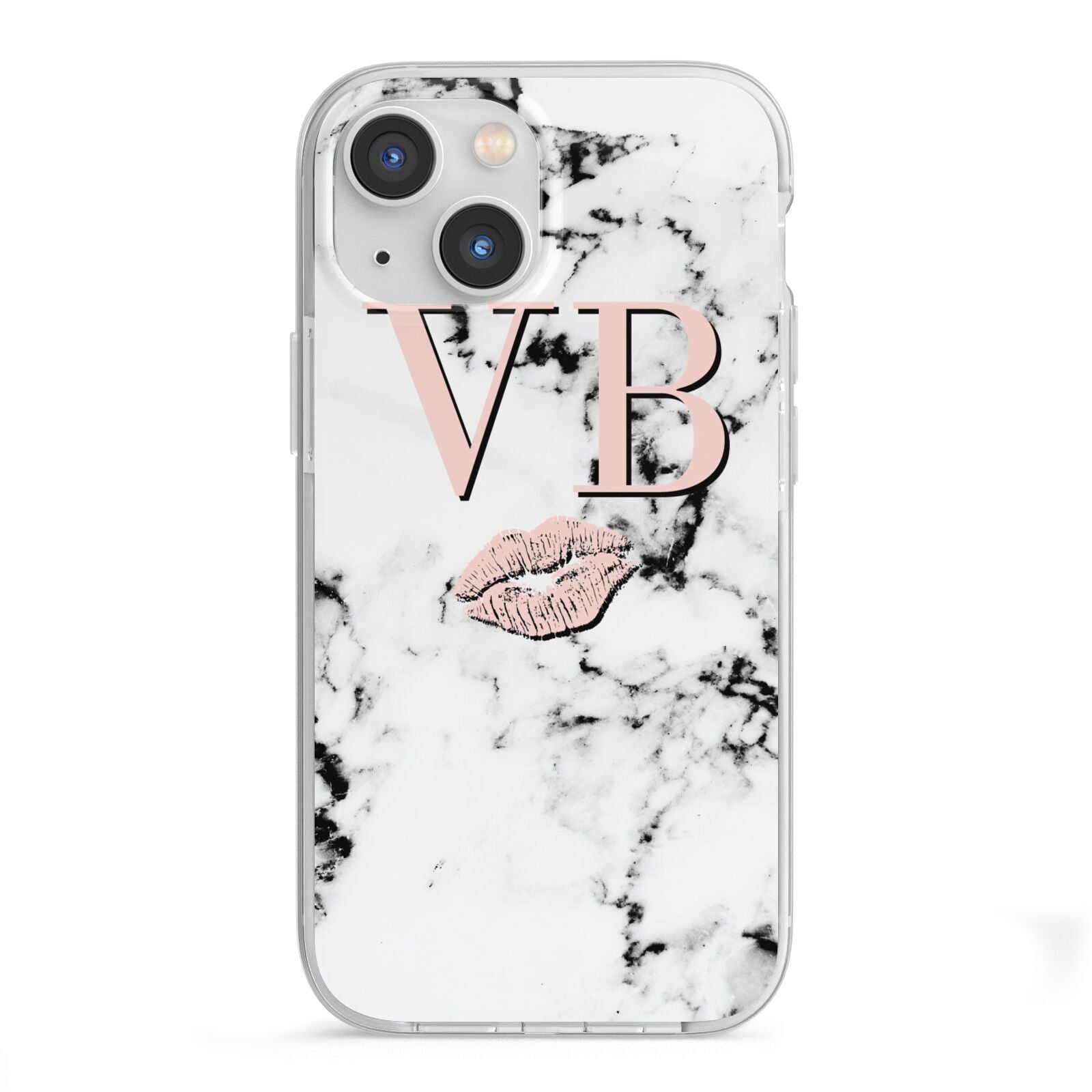 Personalised Coral Initials Lips Marble iPhone 13 Mini TPU Impact Case with White Edges
