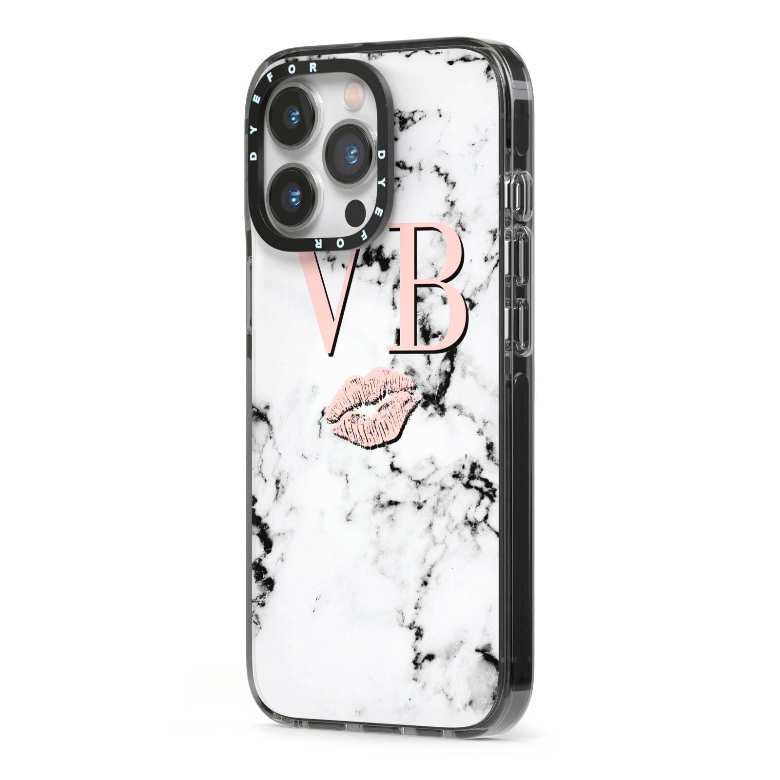 Personalised Coral Initials Lips Marble iPhone 13 Pro Black Impact Case Side Angle on Silver phone