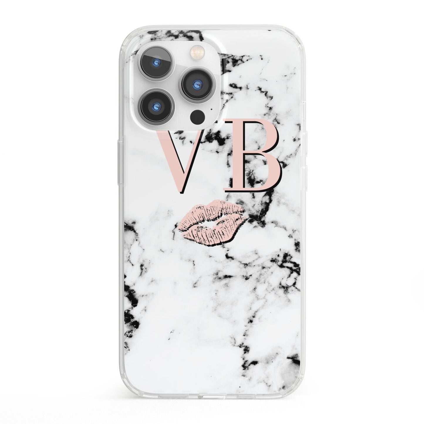 Personalised Coral Initials Lips Marble iPhone 13 Pro Clear Bumper Case