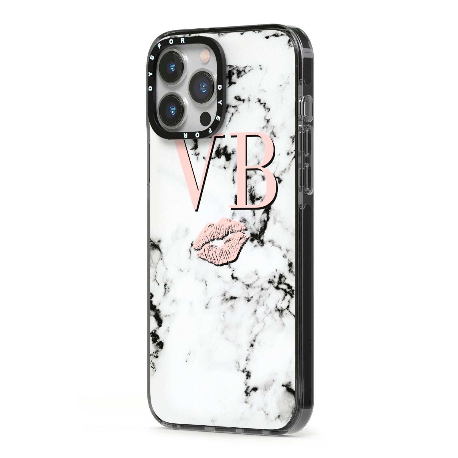 Personalised Coral Initials Lips Marble iPhone 13 Pro Max Black Impact Case Side Angle on Silver phone