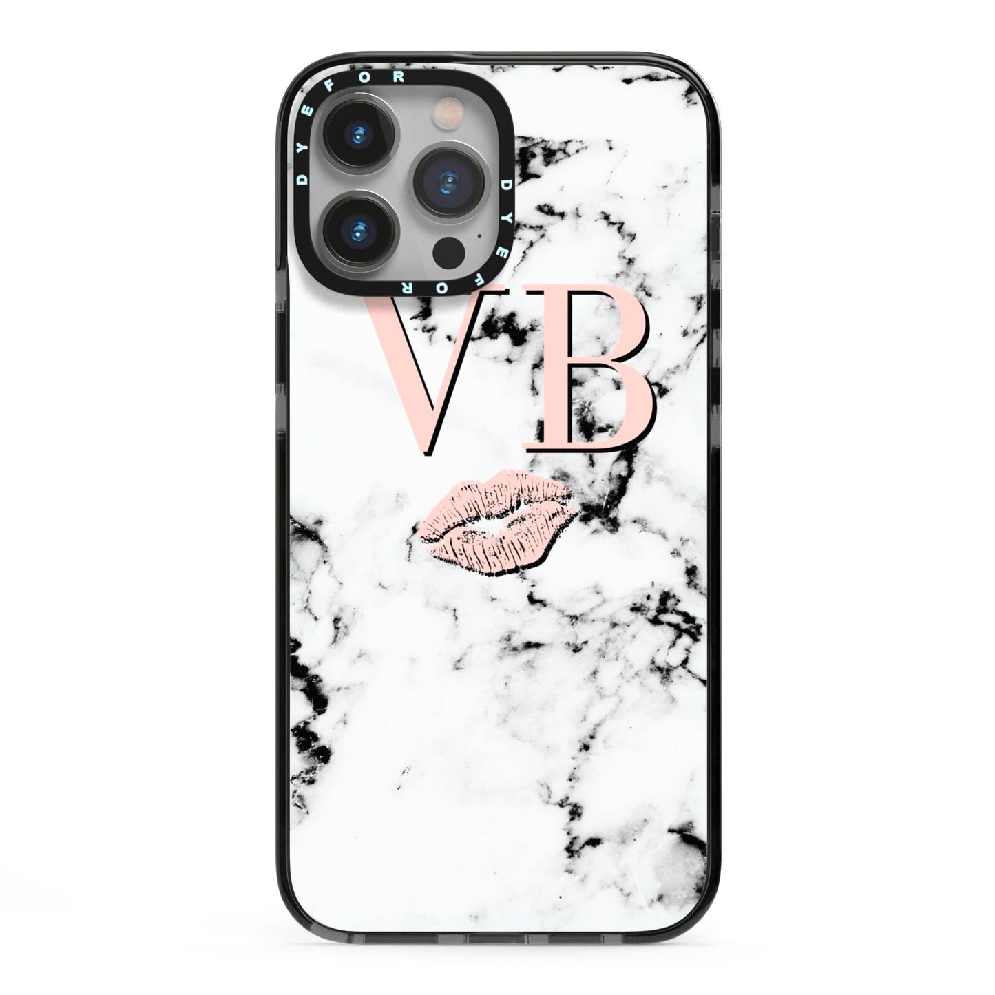 Personalised Coral Initials Lips Marble iPhone 13 Pro Max Black Impact Case on Silver phone