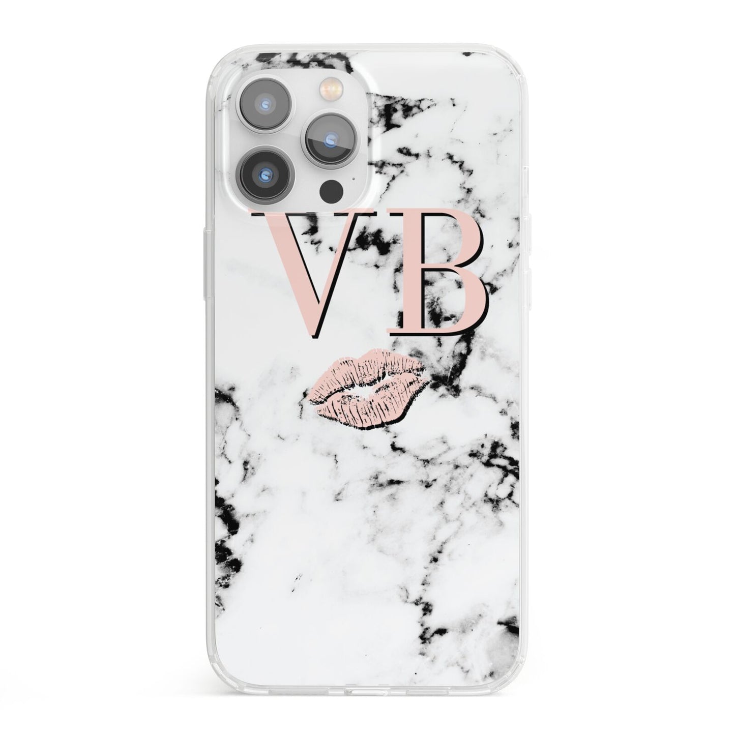 Personalised Coral Initials Lips Marble iPhone 13 Pro Max Clear Bumper Case