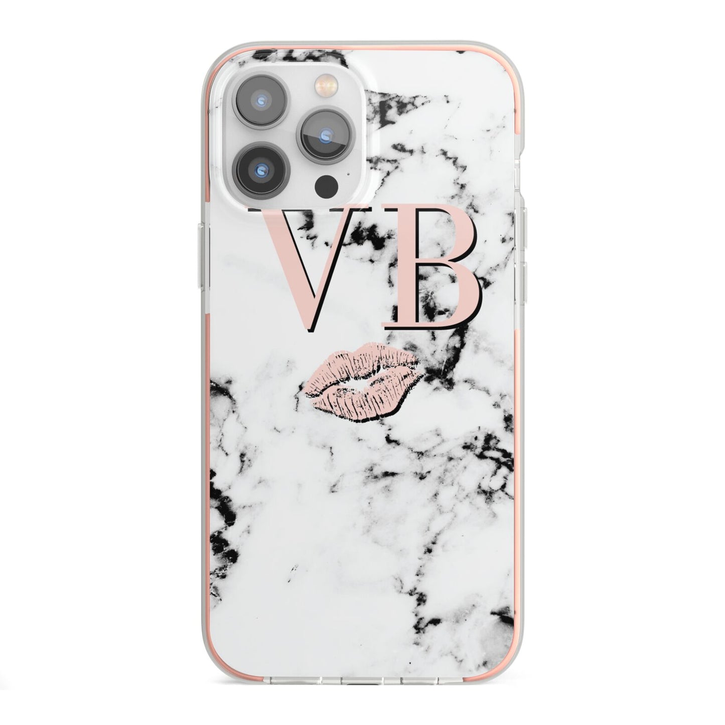 Personalised Coral Initials Lips Marble iPhone 13 Pro Max TPU Impact Case with Pink Edges