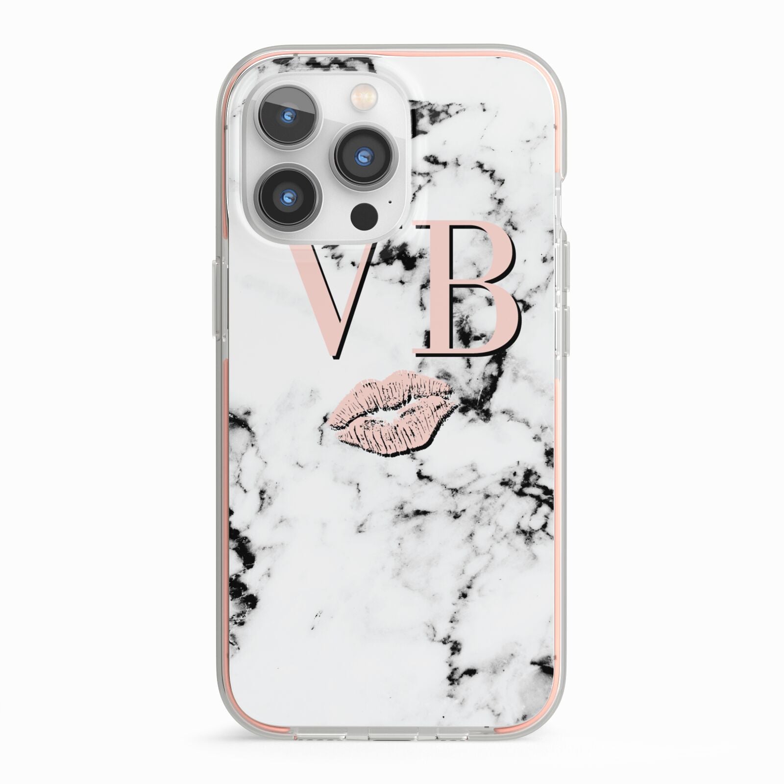Personalised Coral Initials Lips Marble iPhone 13 Pro TPU Impact Case with Pink Edges