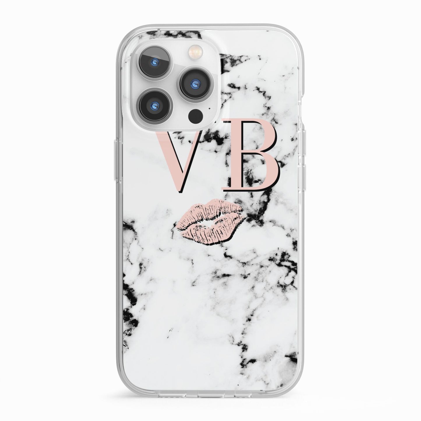 Personalised Coral Initials Lips Marble iPhone 13 Pro TPU Impact Case with White Edges