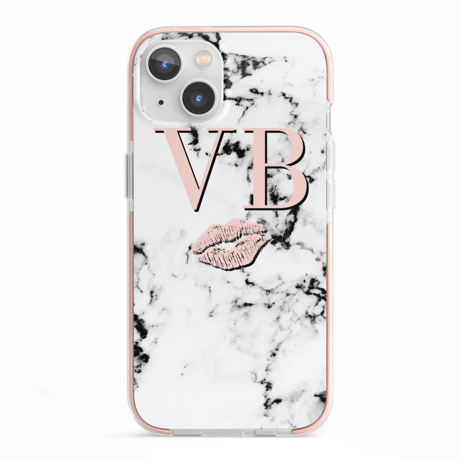 Personalised Coral Initials Lips Marble iPhone 13 TPU Impact Case with Pink Edges
