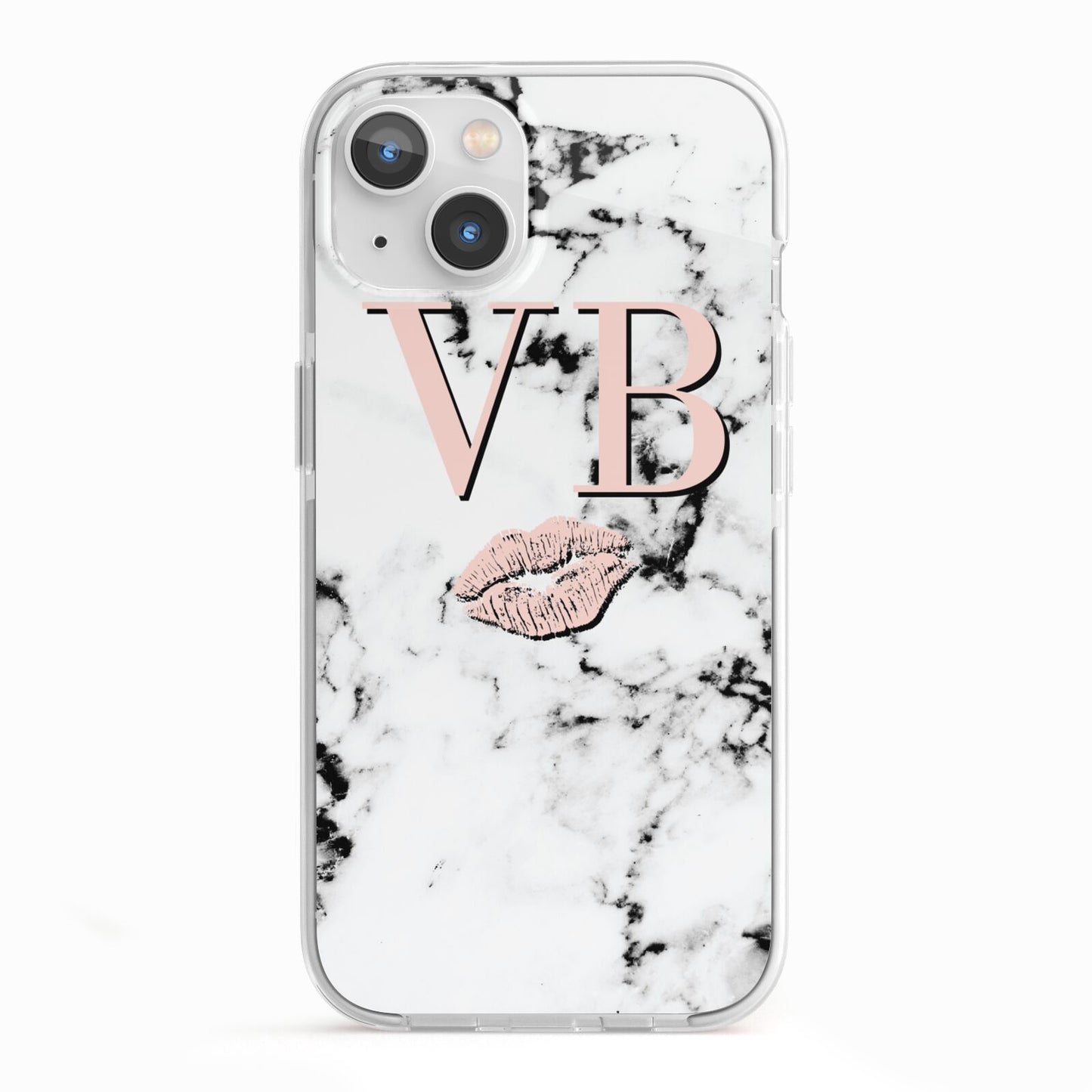 Personalised Coral Initials Lips Marble iPhone 13 TPU Impact Case with White Edges