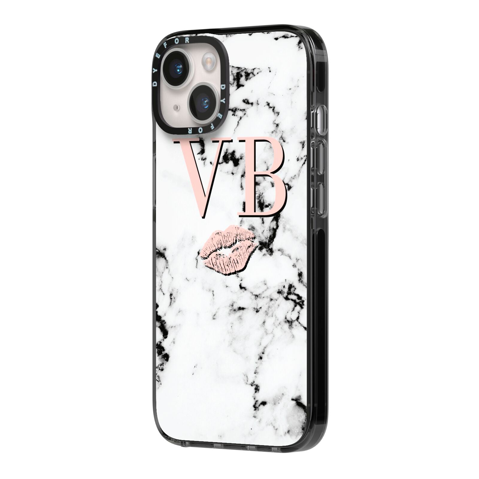 Personalised Coral Initials Lips Marble iPhone 14 Black Impact Case Side Angle on Silver phone