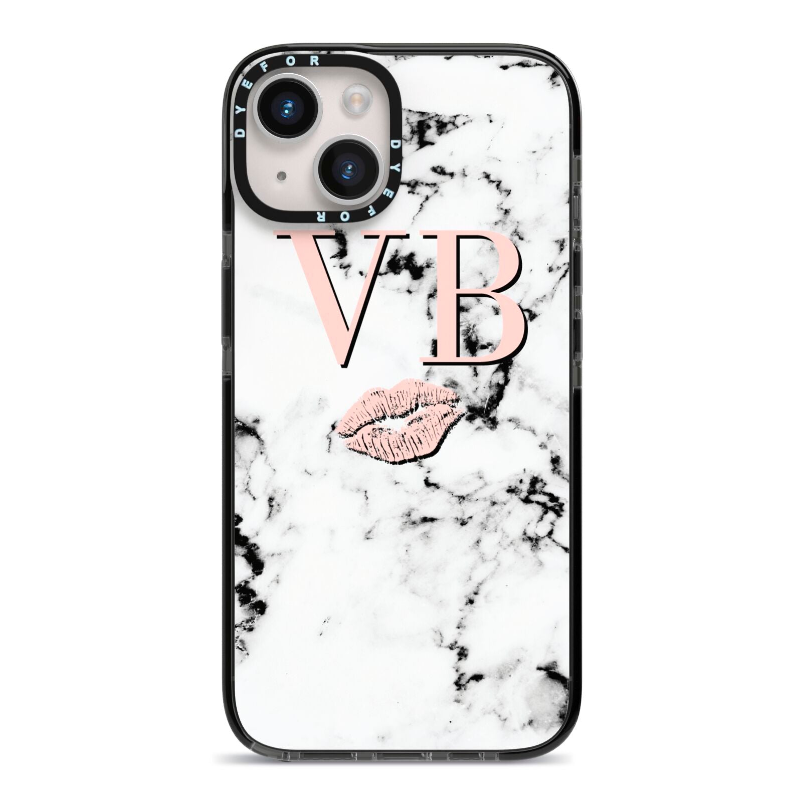 Personalised Coral Initials Lips Marble iPhone 14 Black Impact Case on Silver phone