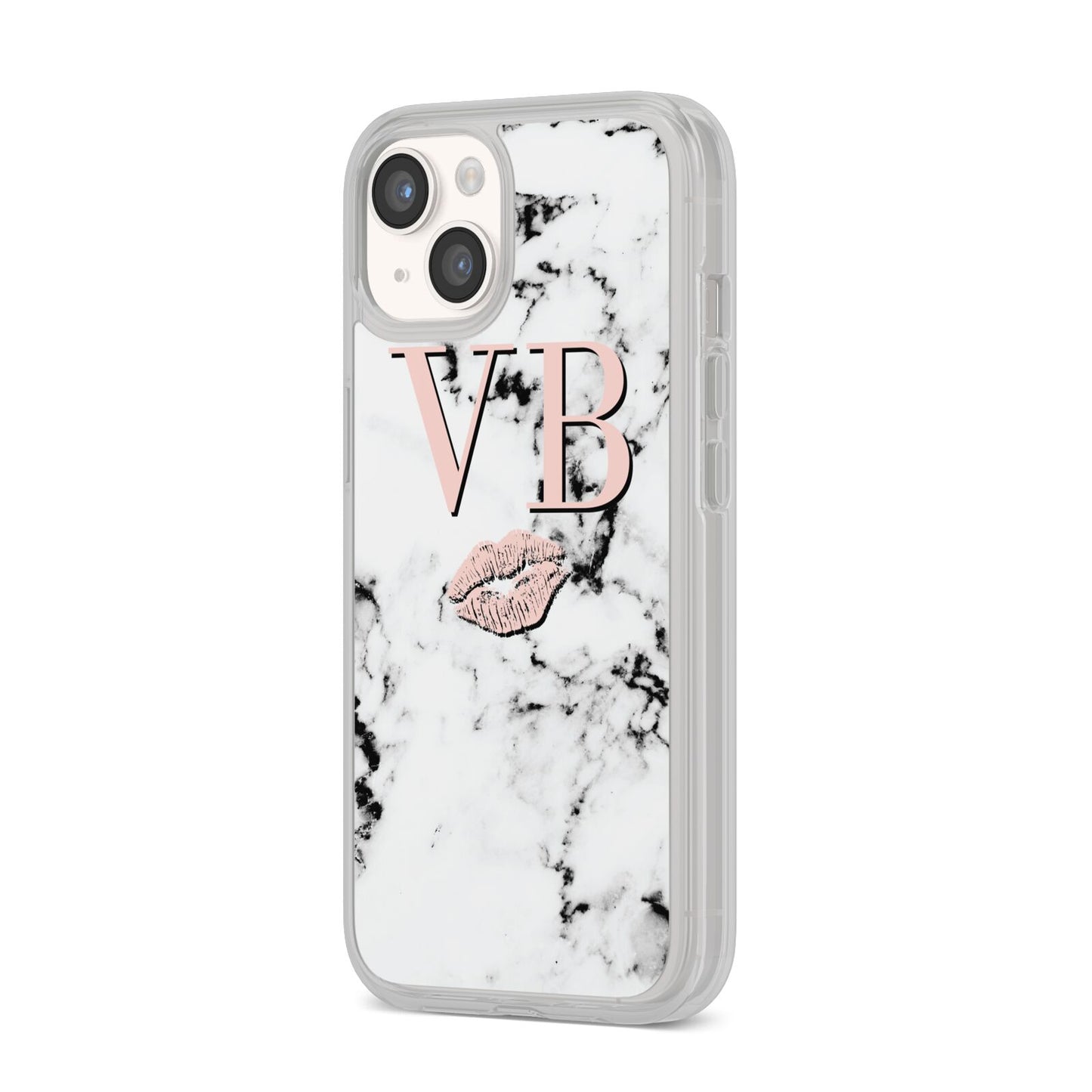 Personalised Coral Initials Lips Marble iPhone 14 Clear Tough Case Starlight Angled Image
