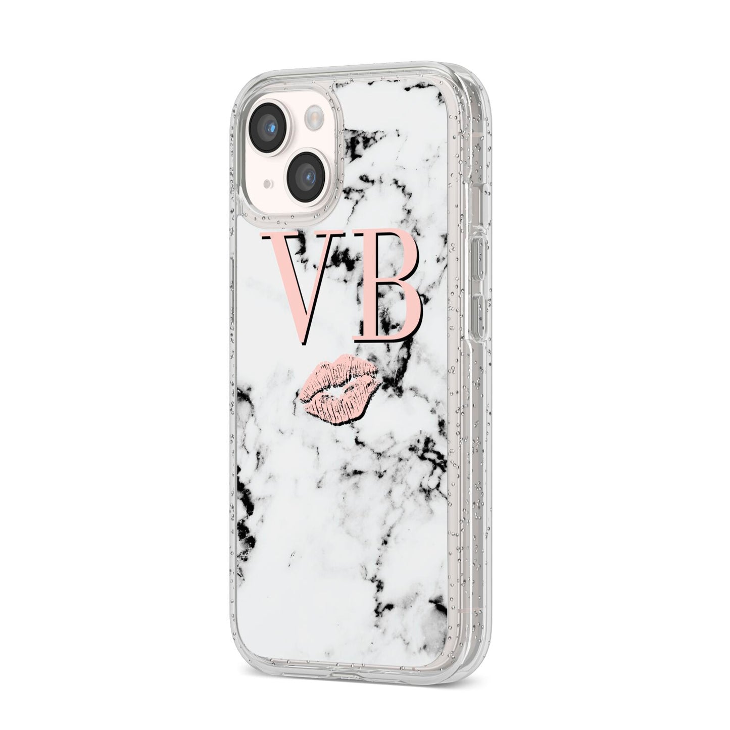 Personalised Coral Initials Lips Marble iPhone 14 Glitter Tough Case Starlight Angled Image