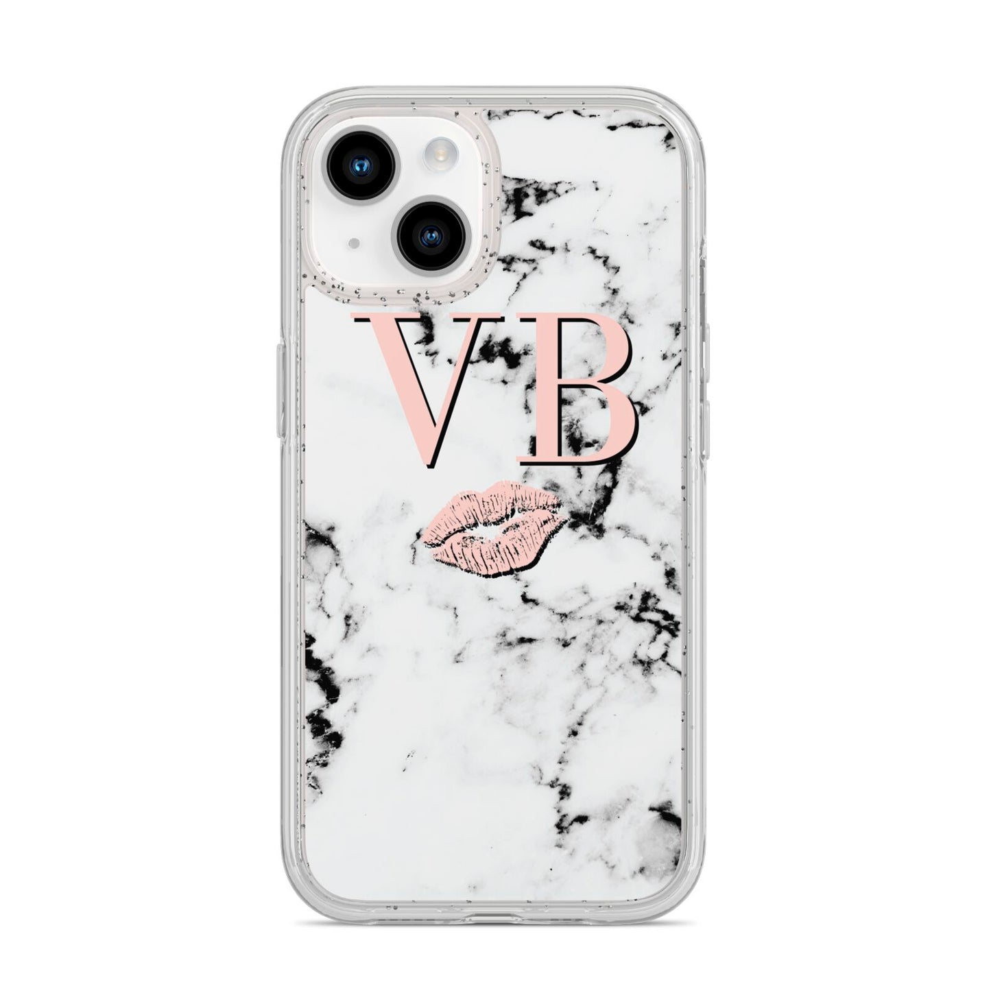 Personalised Coral Initials Lips Marble iPhone 14 Glitter Tough Case Starlight