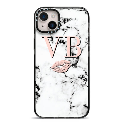 Personalised Coral Initials Lips Marble iPhone 14 Plus Black Impact Case on Silver phone