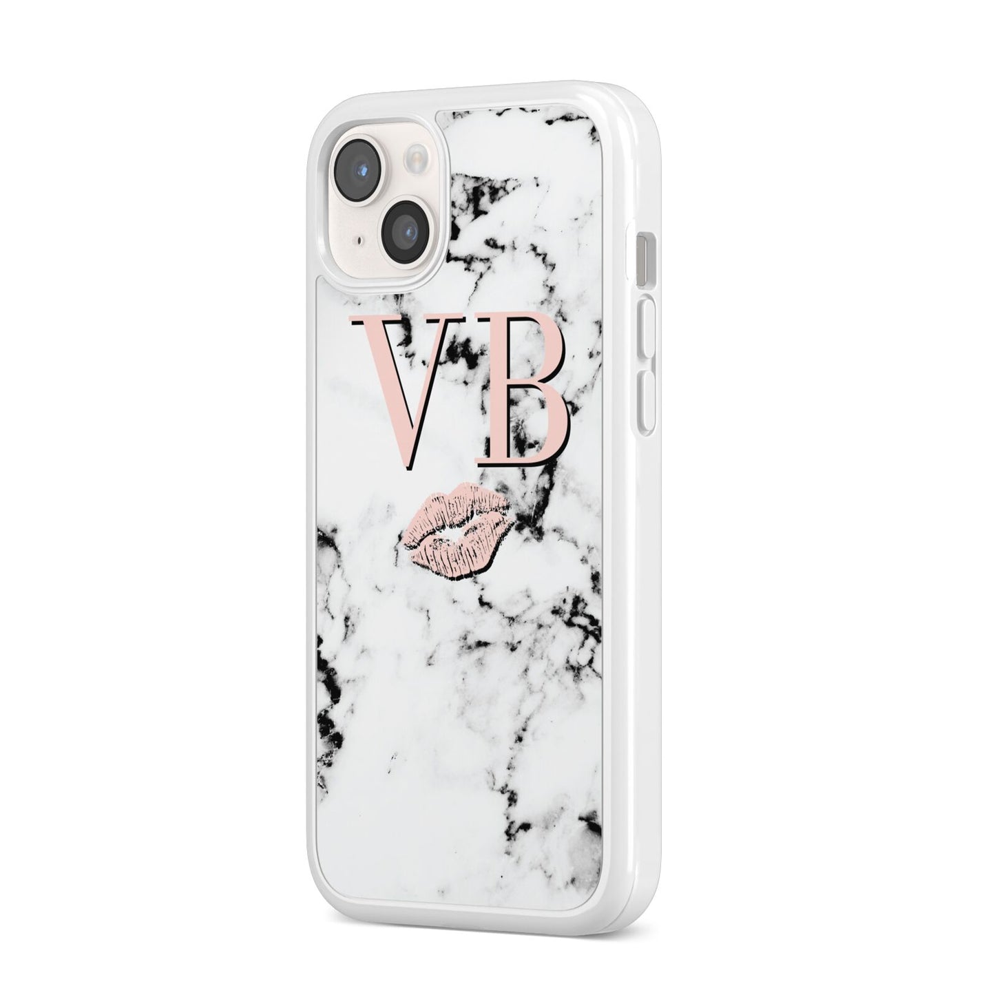 Personalised Coral Initials Lips Marble iPhone 14 Plus Clear Tough Case Starlight Angled Image